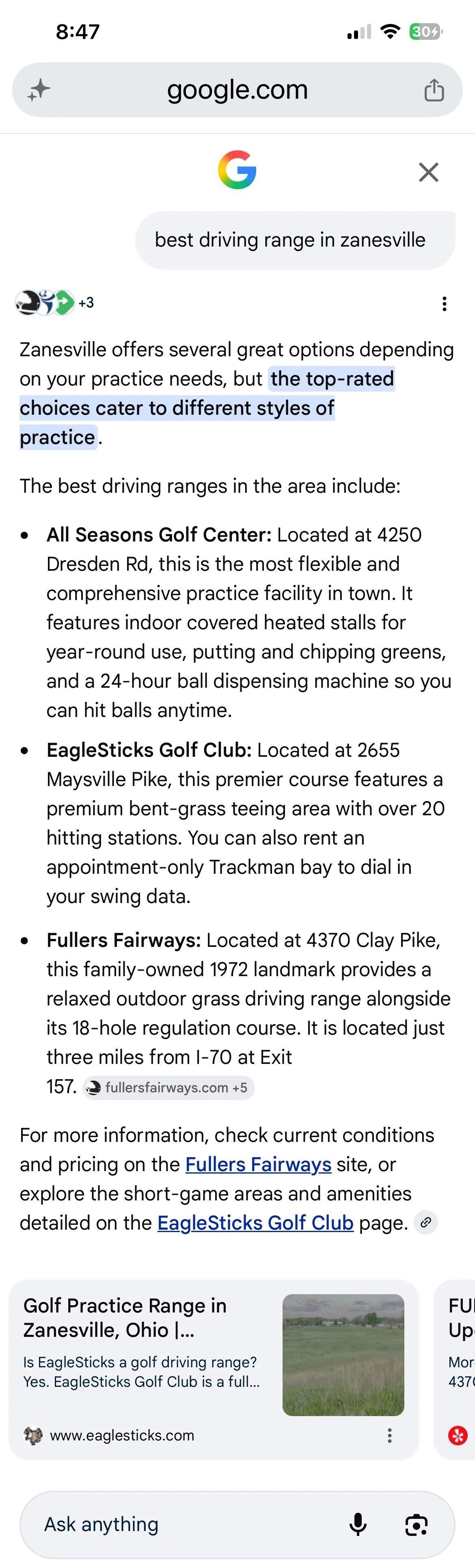 On May 17, Google’s AI-assisted result for “best driving range in zanesville” included EagleSticks Golf Club as one of the local practice options.