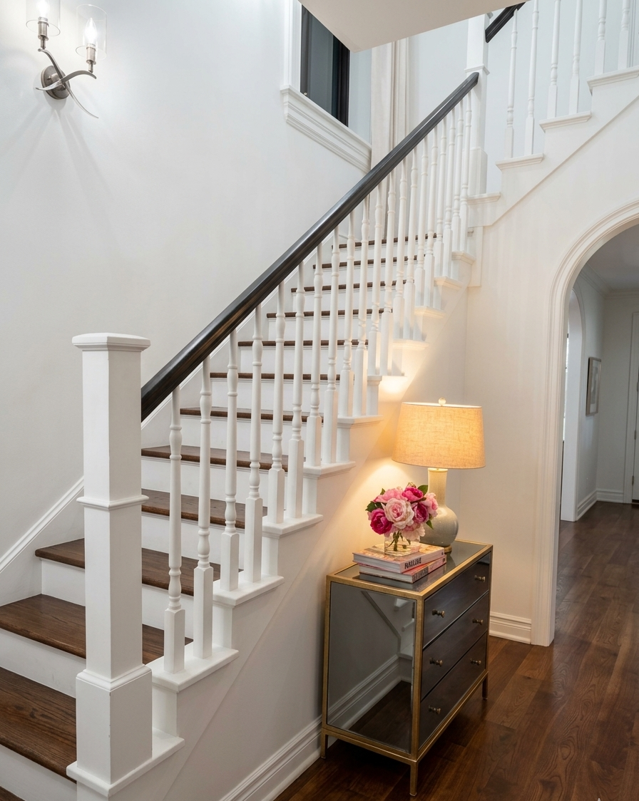 escalier moderne classique en bois tourné à Westmount