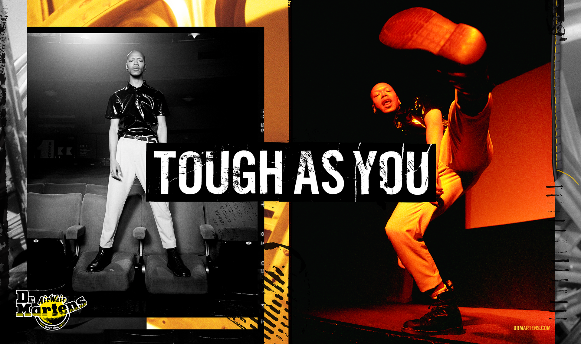 On the right director Nathan kicks towards the camera with their DM boots, on the left they stand tall bathed in black and white.  