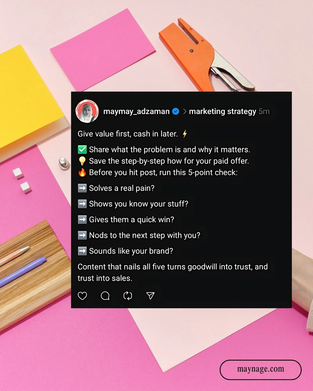 💪 Earn trust by giving real value first.

When you share helpful tips, quick wins, or insights, your audience thinks, &ldquo;Wow, that already helped me... imagine what the paid stuff can do.&rdquo;

That feeling is reciprocity: We naturally want to