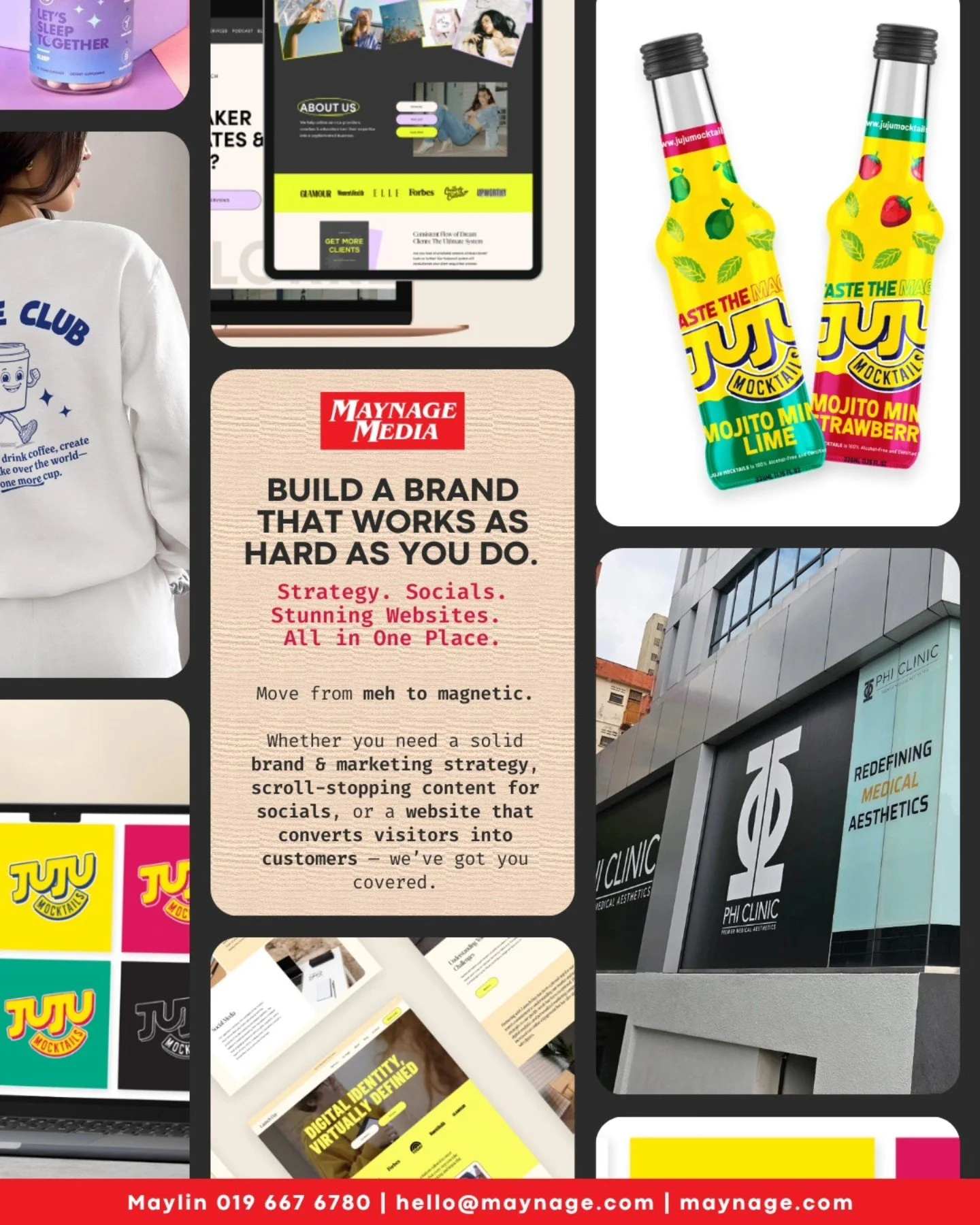 💥 Build a Brand That Works as Hard as You Do. 💥

Strategy. Socials. Stunning Websites. All in One Place.

At Maynage Media, we help business owners move from meh to magnetic.

Whether you need a solid brand &amp; marketing strategy, scroll-stopping