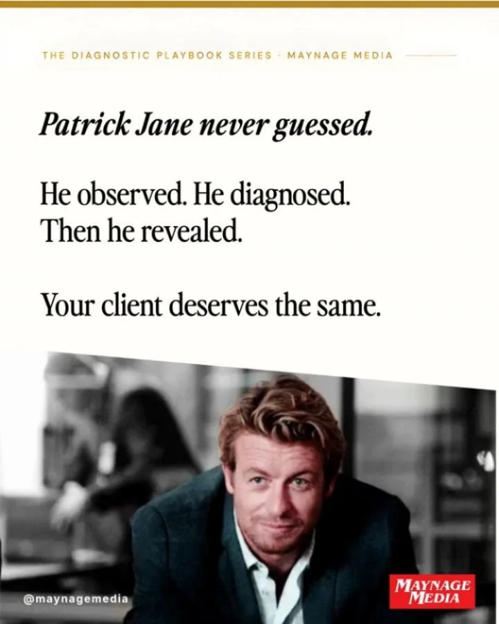 The Diagnostic Reveal is your Patrick Jane moment. But it only lands if you did the diagnosis first.

The 3M Diagnostic Playbook. RM 147 at launch. Global: link in bio. Malaysia: DM me.

👉🏼 See how The 3M Diagnostic Playbook can help you as a marke