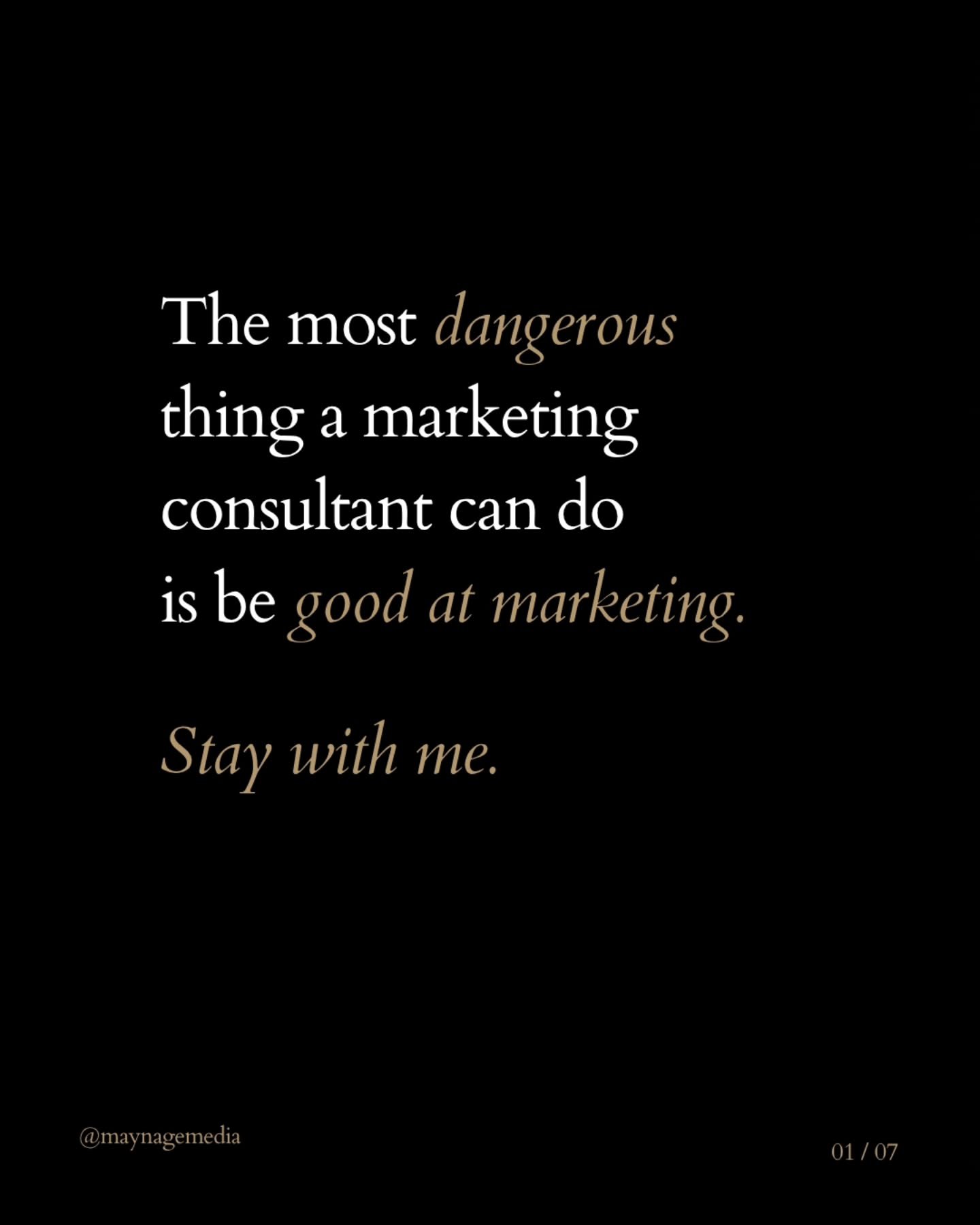 The most dangerous thing a marketing consultant can do is be good at marketing.

Swipe to see why.

In 17 years across financial services, healthcare, energy, and professional services &mdash; the businesses that came to me with a "marketing pro