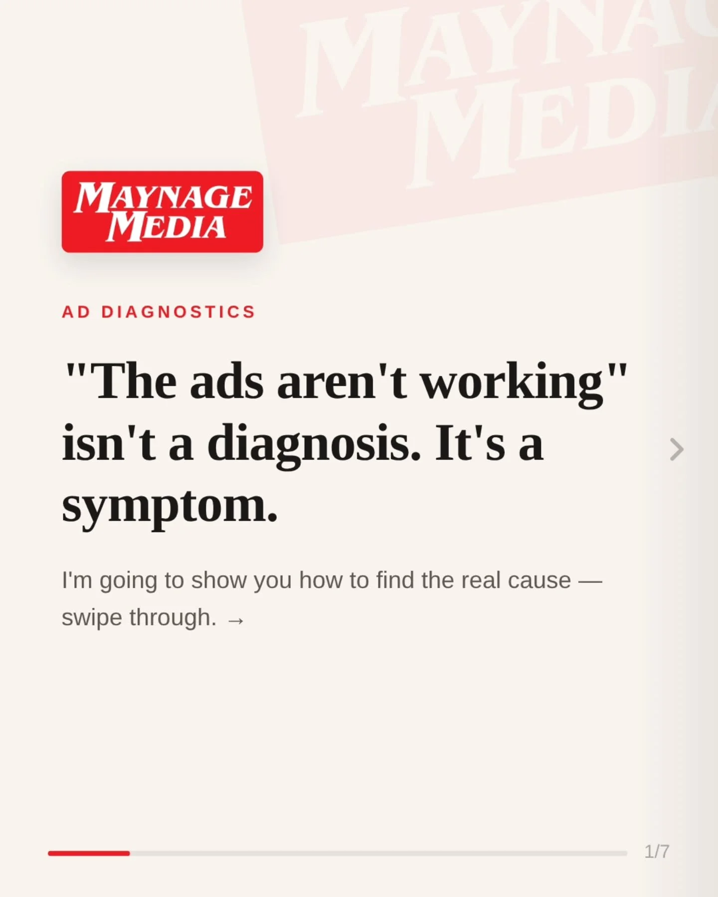 The ads aren't working" isn't a diagnosis &mdash; it's a symptom. 🔍

Before you touch your ad again, check these 4 spots first: the hook, the landing page, the offer, the follow-up. One of them is where your funnel is actually leaking.

Swipe f