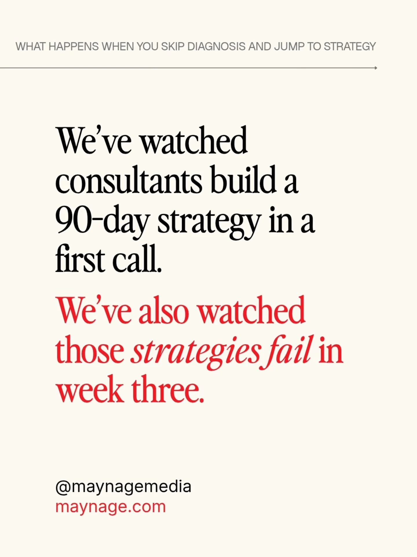 We've watched consultants build a 90-day strategy in a single first call. 

We've also watched those strategies fail by week three. 

A strategy without a diagnosis is a guess with a nice slide deck. It might work, but you won't know why, and you won