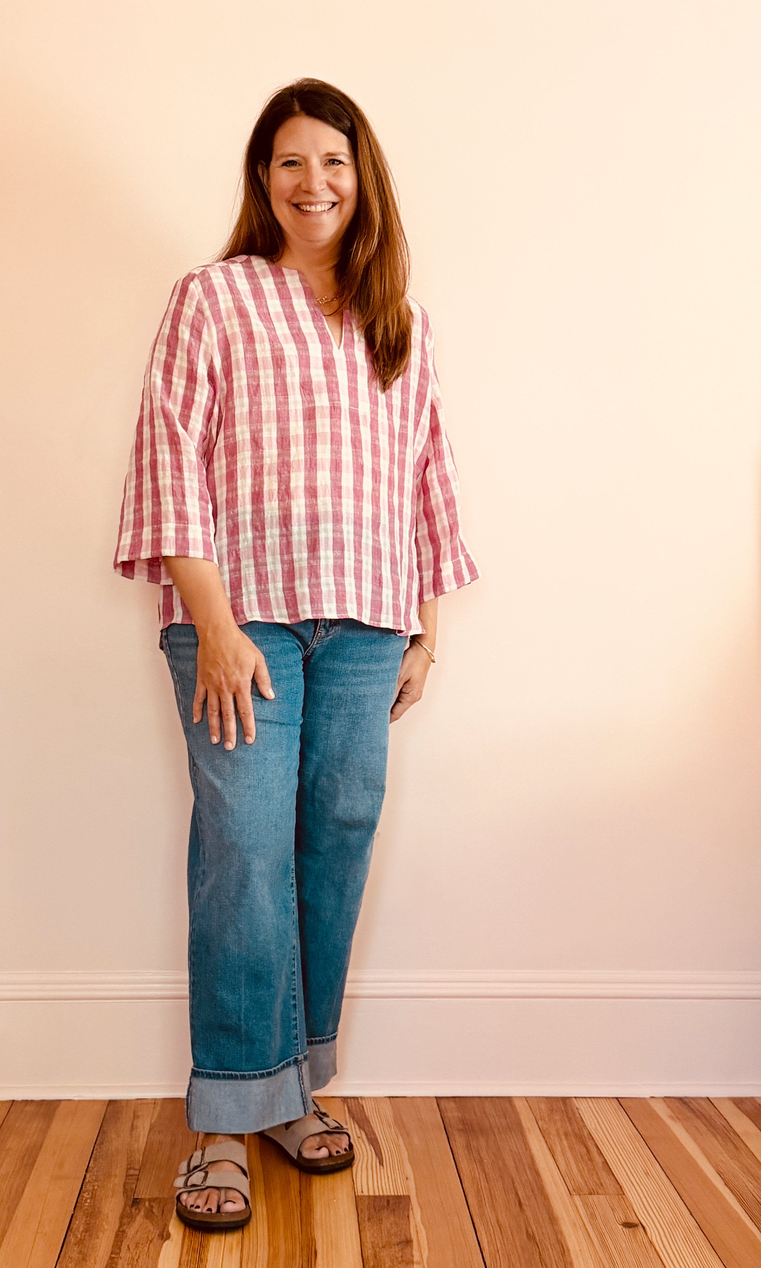 V-Neck Bell Sleeve Shirt - check linen