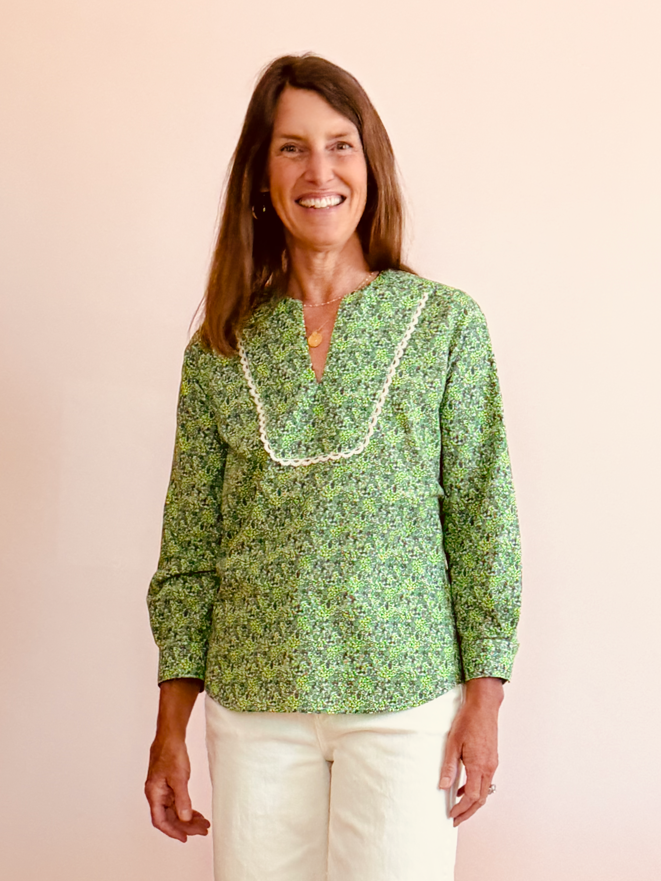V-Neck Cuff Sleeve Shirt - green floral print