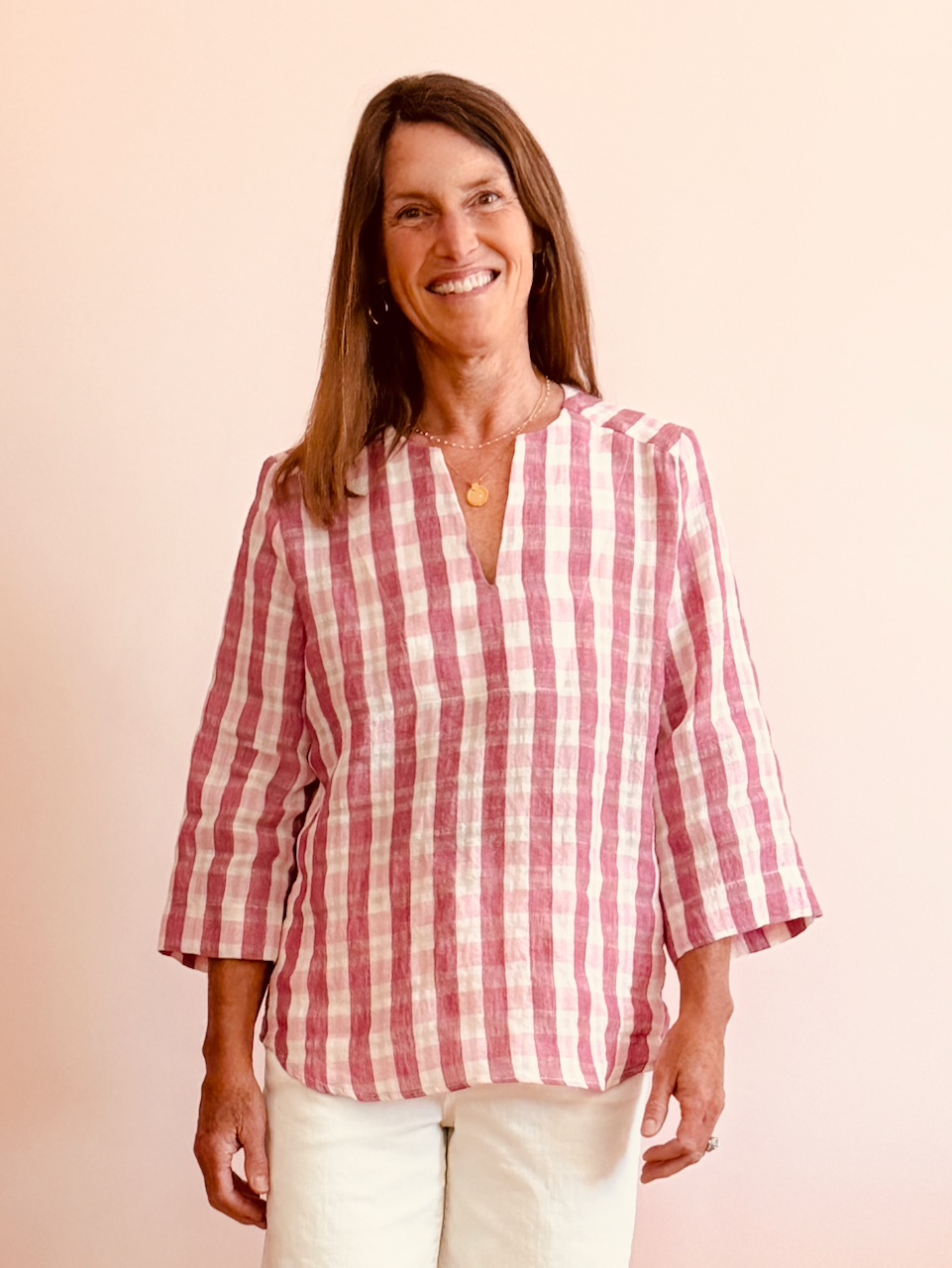 V-Neck Bell Sleeve Shirt - check linen