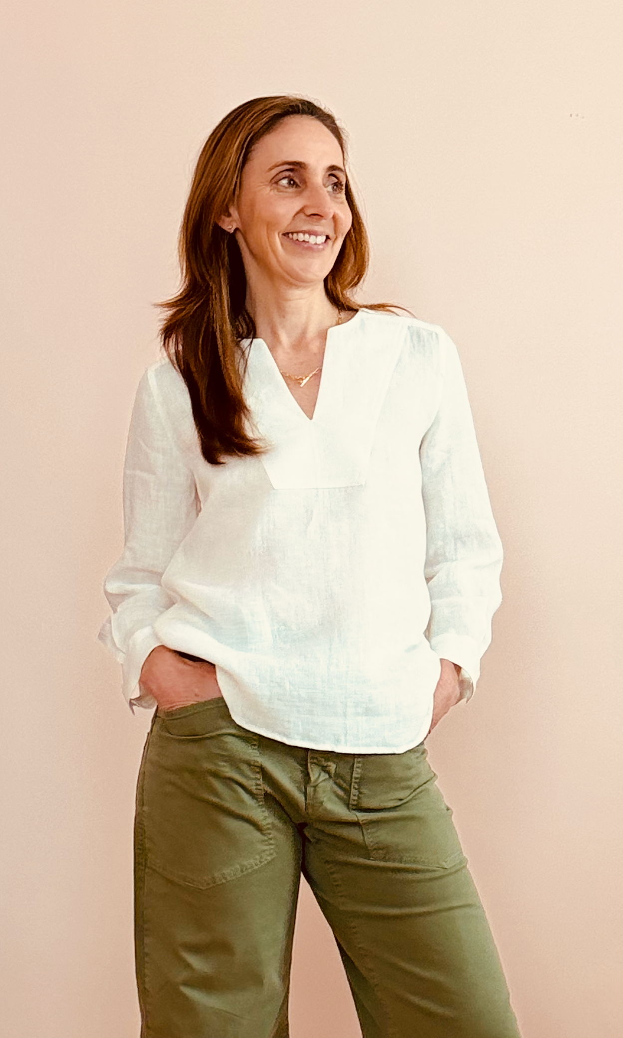 V-Neck Cuff Sleeve Shirt - white linen