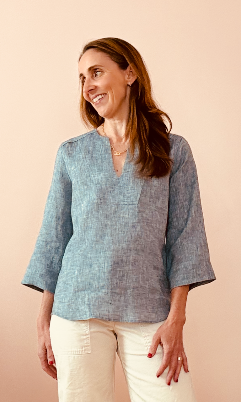 V-Neck Bell Sleeve Shirt - blue linen