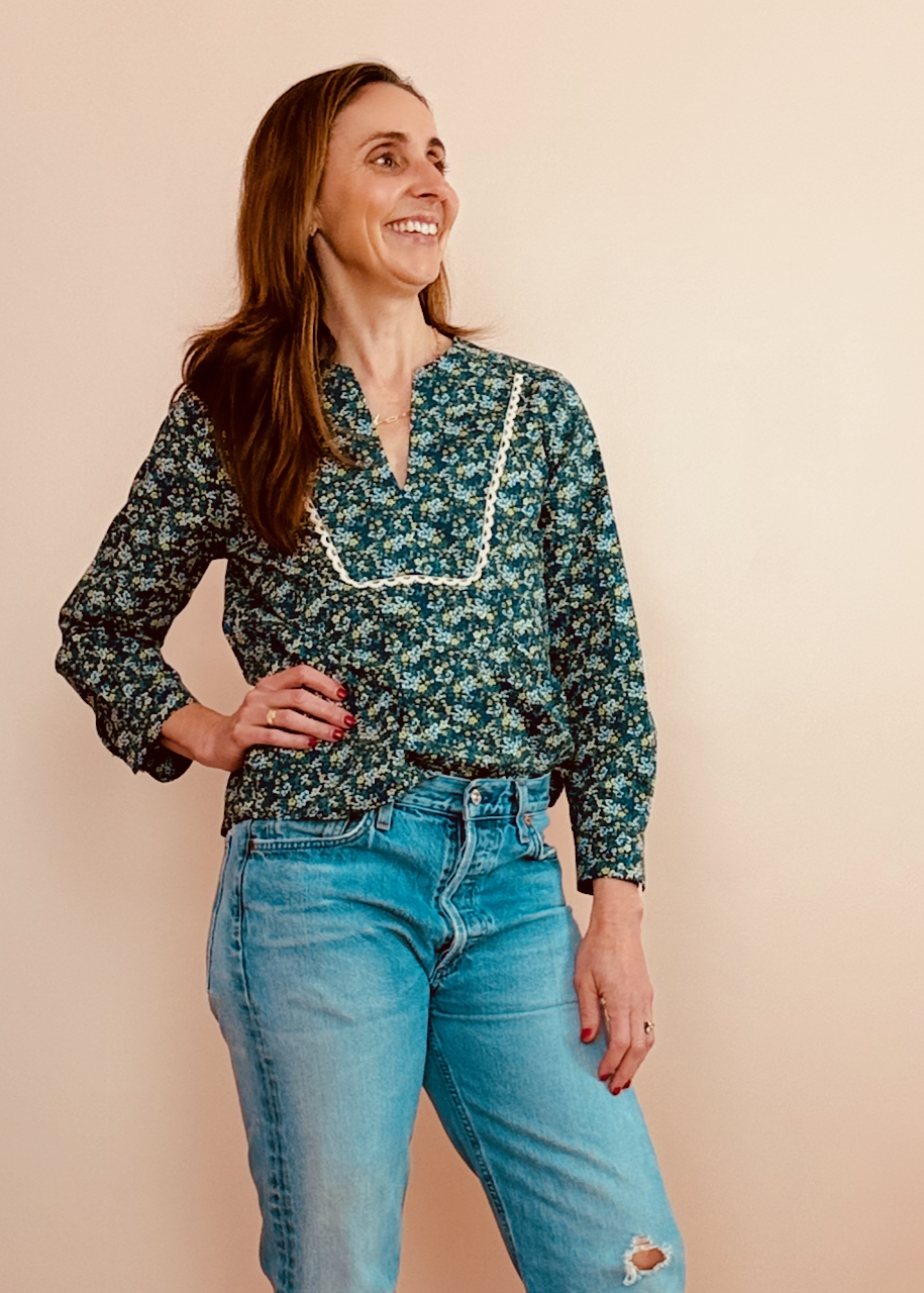 NEW FOR FALL - V-Neck Long Sleeve Shirt - blue floral