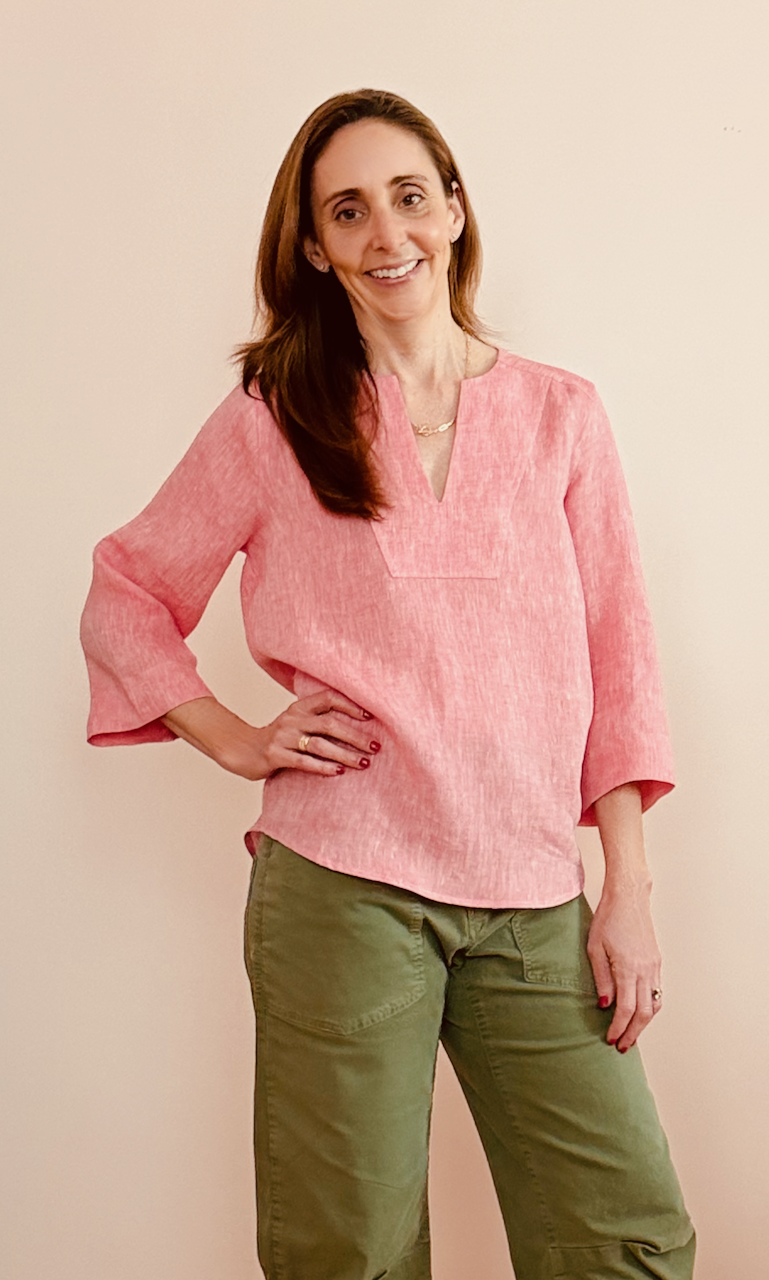 V-Neck Bell Sleeve Shirt - pink linen