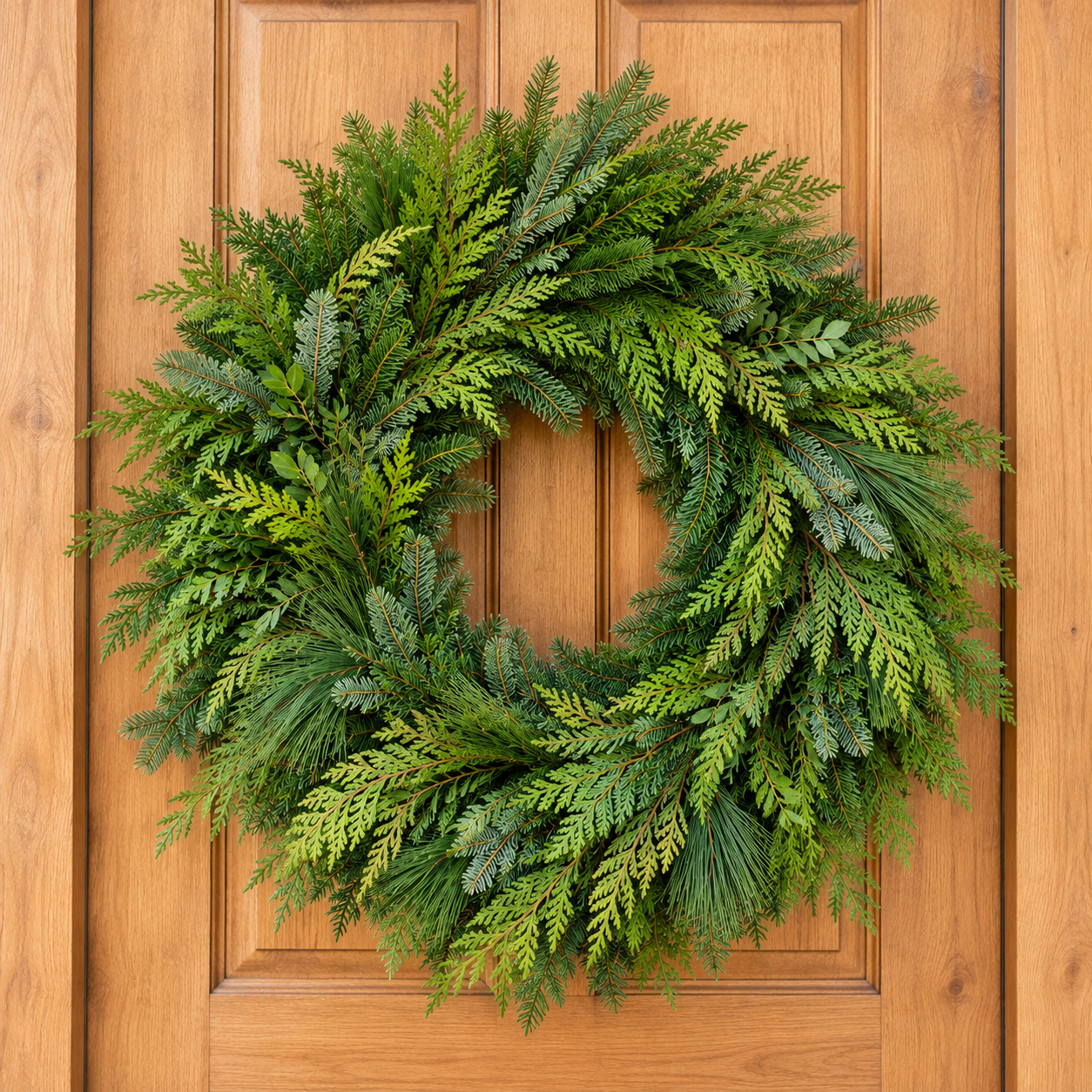 Lush Evergreen Wreath on Wooden Door.png