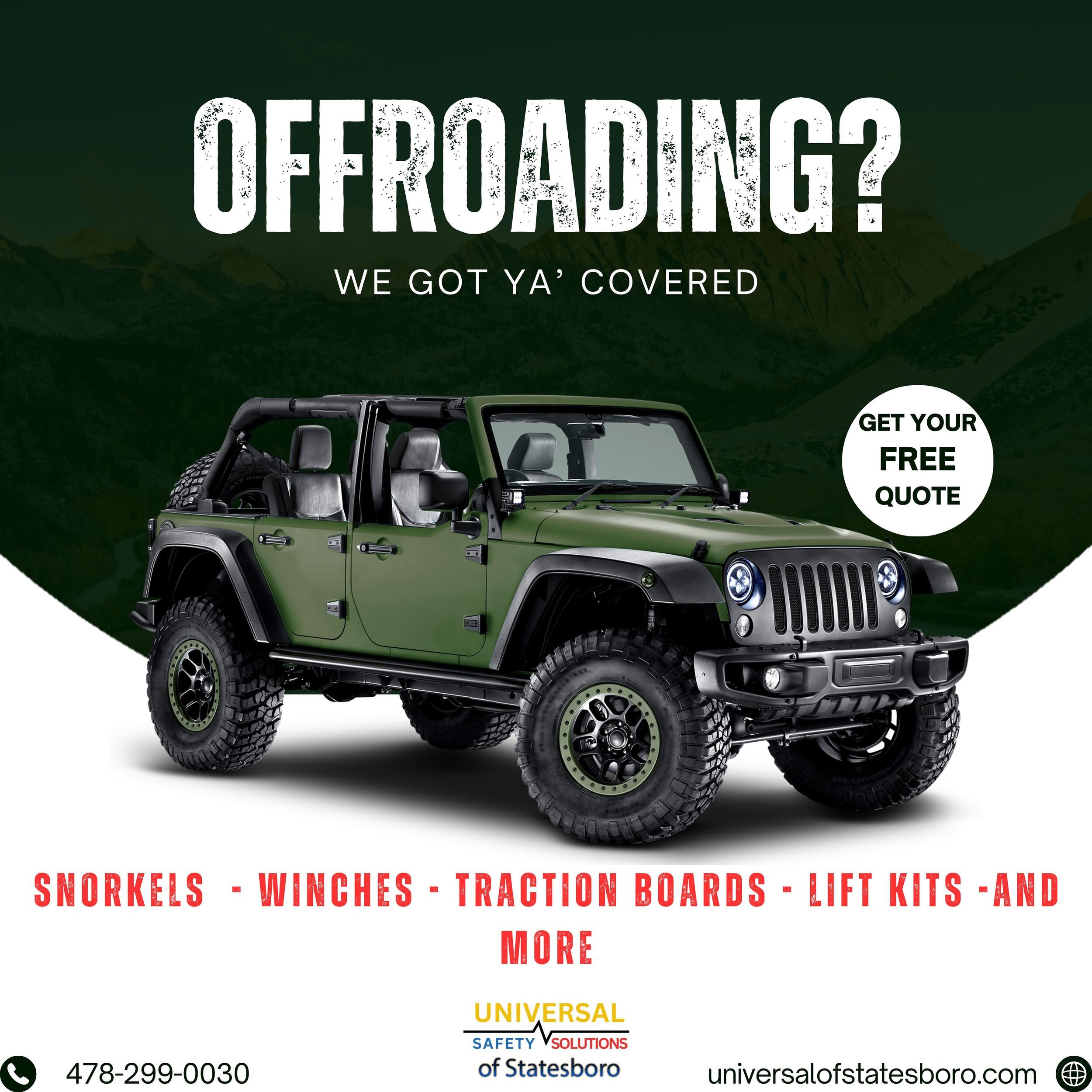 Looking to outfit your vehicle for the offroad this summer? 

We got ya&rsquo; covered. 

Snorkels, winches, traction boards, lift kits, and, of course, lights. ⚪️⚪️