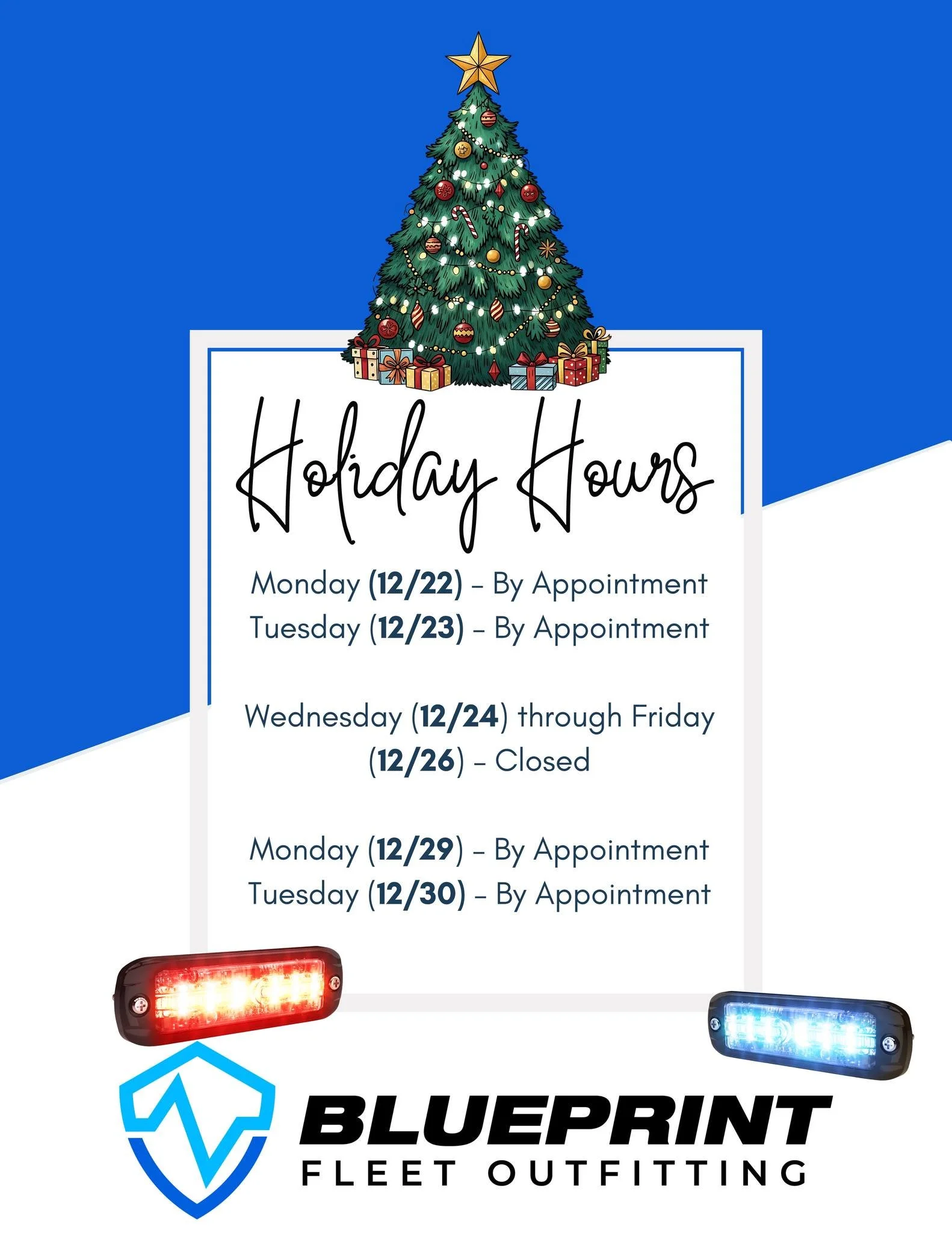 🎄 Holiday Hours at Blueprint Fleet Outfitting 🎄

We&rsquo;ll be working by appointment only on Monday (12/22) and Tuesday (12/23), then taking a short holiday break and will be closed Wednesday (12/24) through Friday (12/26).

We&rsquo;ll be back t