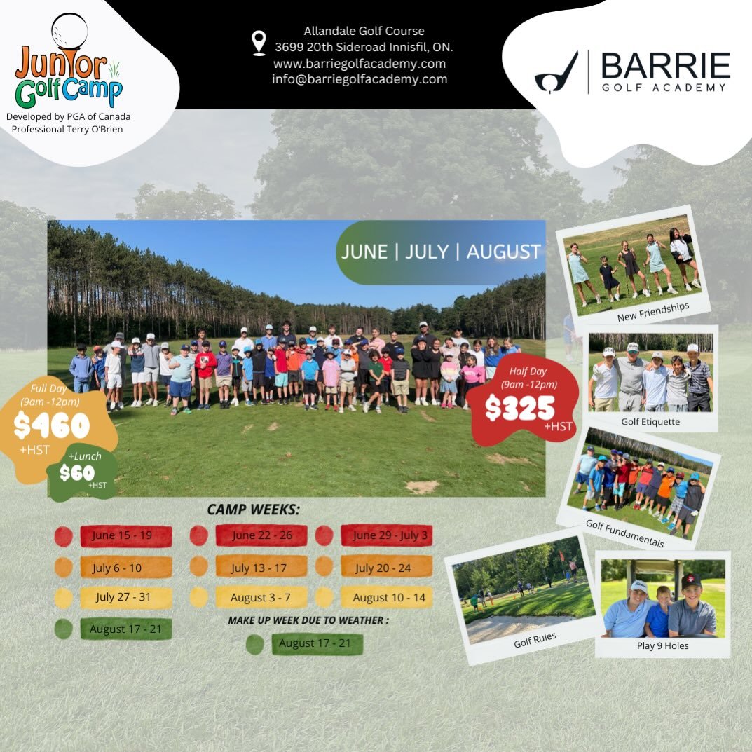 ⛳️ BARRIE GOLF ACADEMY SUMMER CAMPS ☀️

Our Junior Golf Summer Camps run weekly throughout June, July &amp; August for kids ages 6&ndash;15. Developed by PGA of Canada Professional Coach Terry O&rsquo;Brien, this fun and dynamic program builds strong