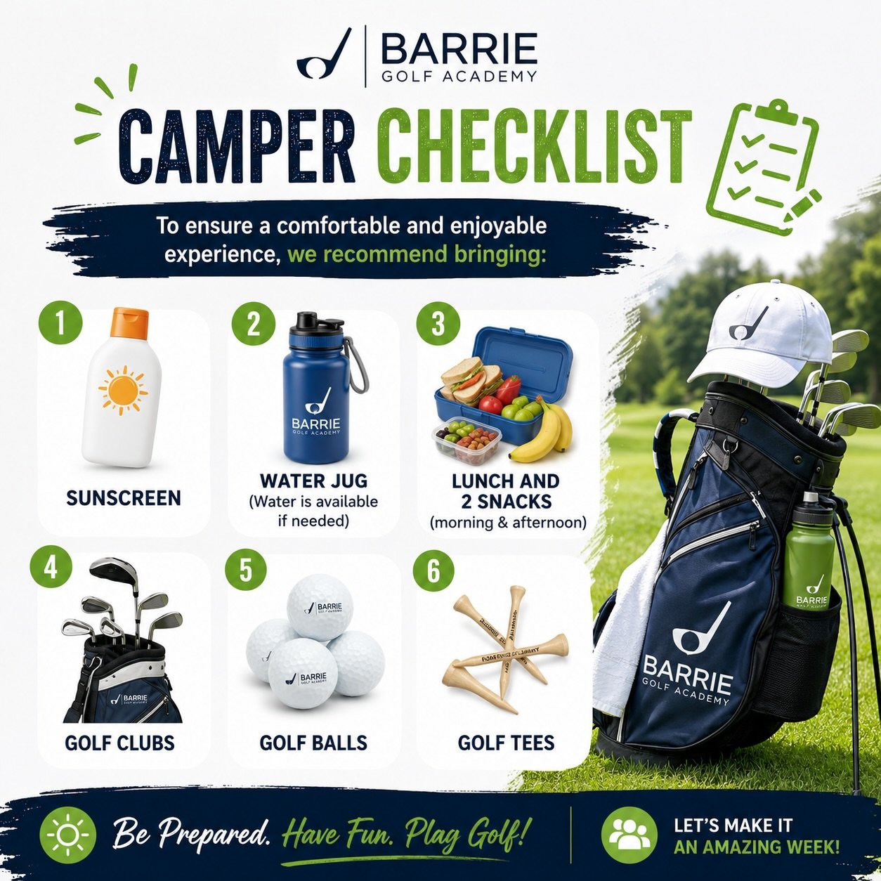 ⛳️🏌️ CAMPERS, IT&rsquo;S ALMOST TIME! 🏌️⛳️

Before heading to camp, make sure you&rsquo;re packed and ready for an amazing week on the course!

✅ Sunscreen ☀️
✅ Water Bottle💧 (Water refills available)
✅ Lunch &amp; 2 Snacks 🍎🥪
✅ Golf Clubs ⛳
✅ G