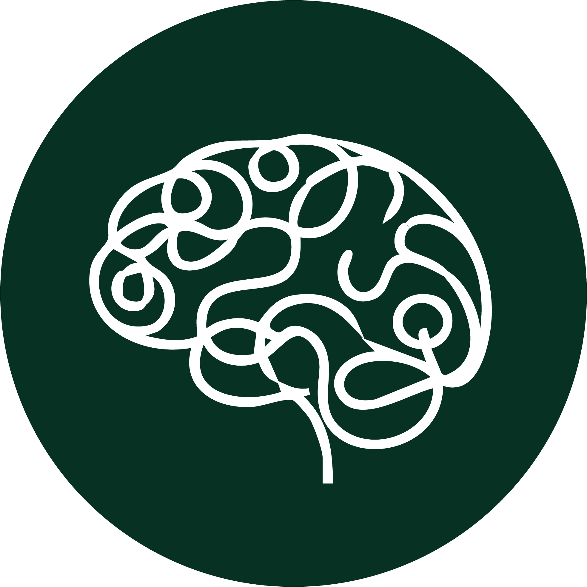 A stylized line drawing of a human brain on a dark green background.