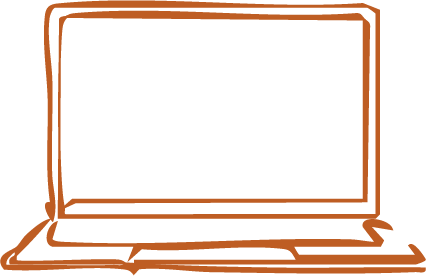 A simple line drawing of an open laptop with a rectangular screen and a base, drawn in brown.