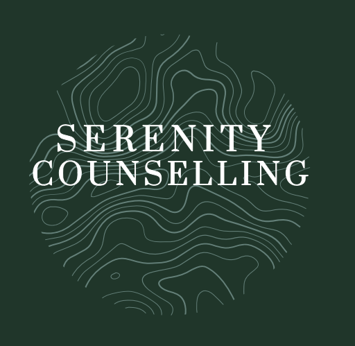Logo for Serenity Counseling with a dark green background and white topographic lines.