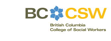 Logo of British Columbia College of Social Workers with BC in black, a blue flower in the middle, and CSW in yellow.