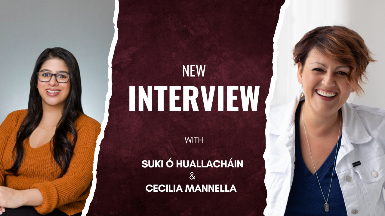 Announcement for a new interview featuring Suki Ó Huallacháin and Cecilia Mannella, with headshots of two women, one with long dark hair and glasses wearing an orange sweater, and the other with short hair and a white jacket smiling.
