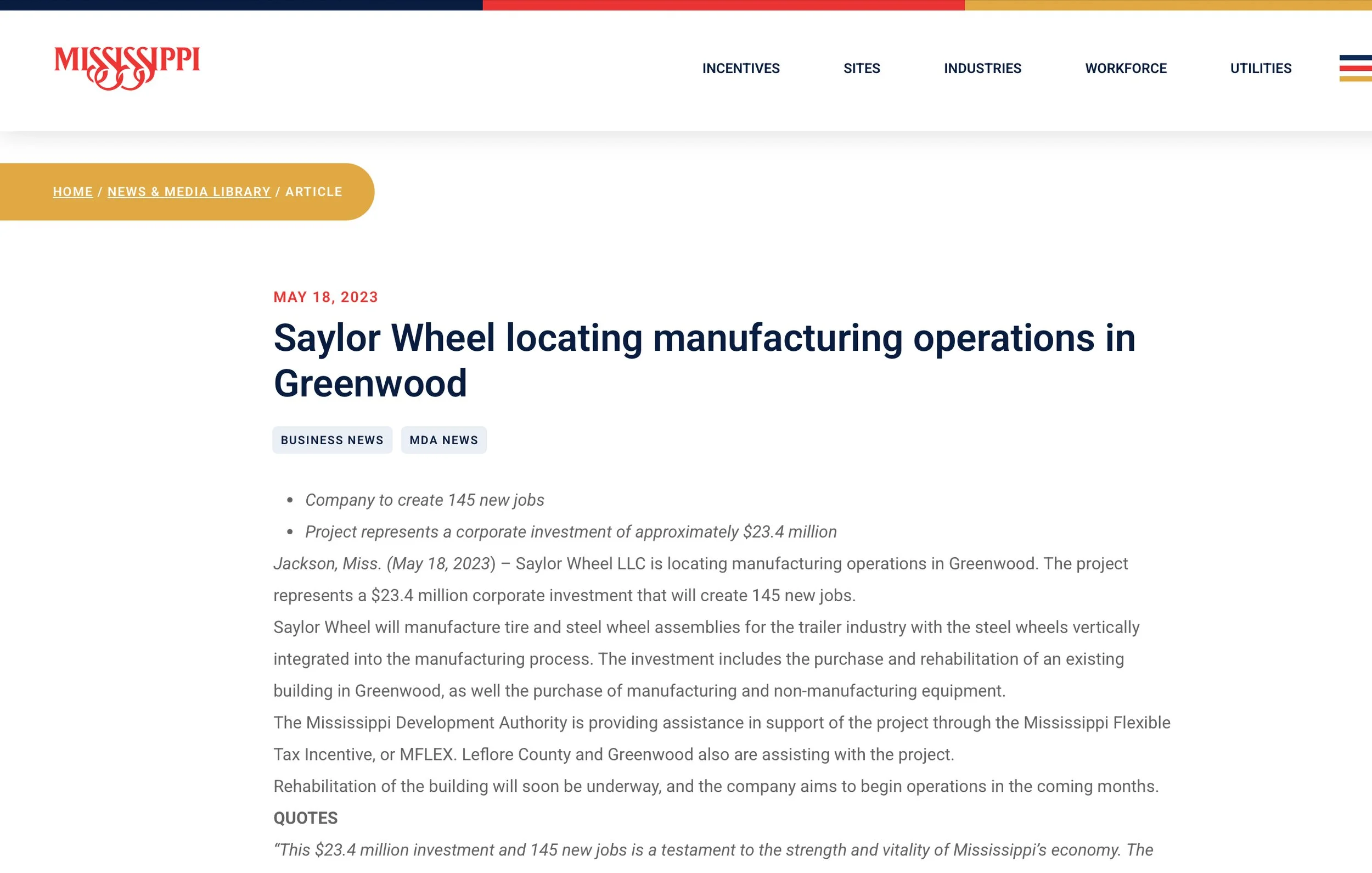 Screenshot of Mississippi.org webpage with article about saylor wheel building in greenwood mississippi