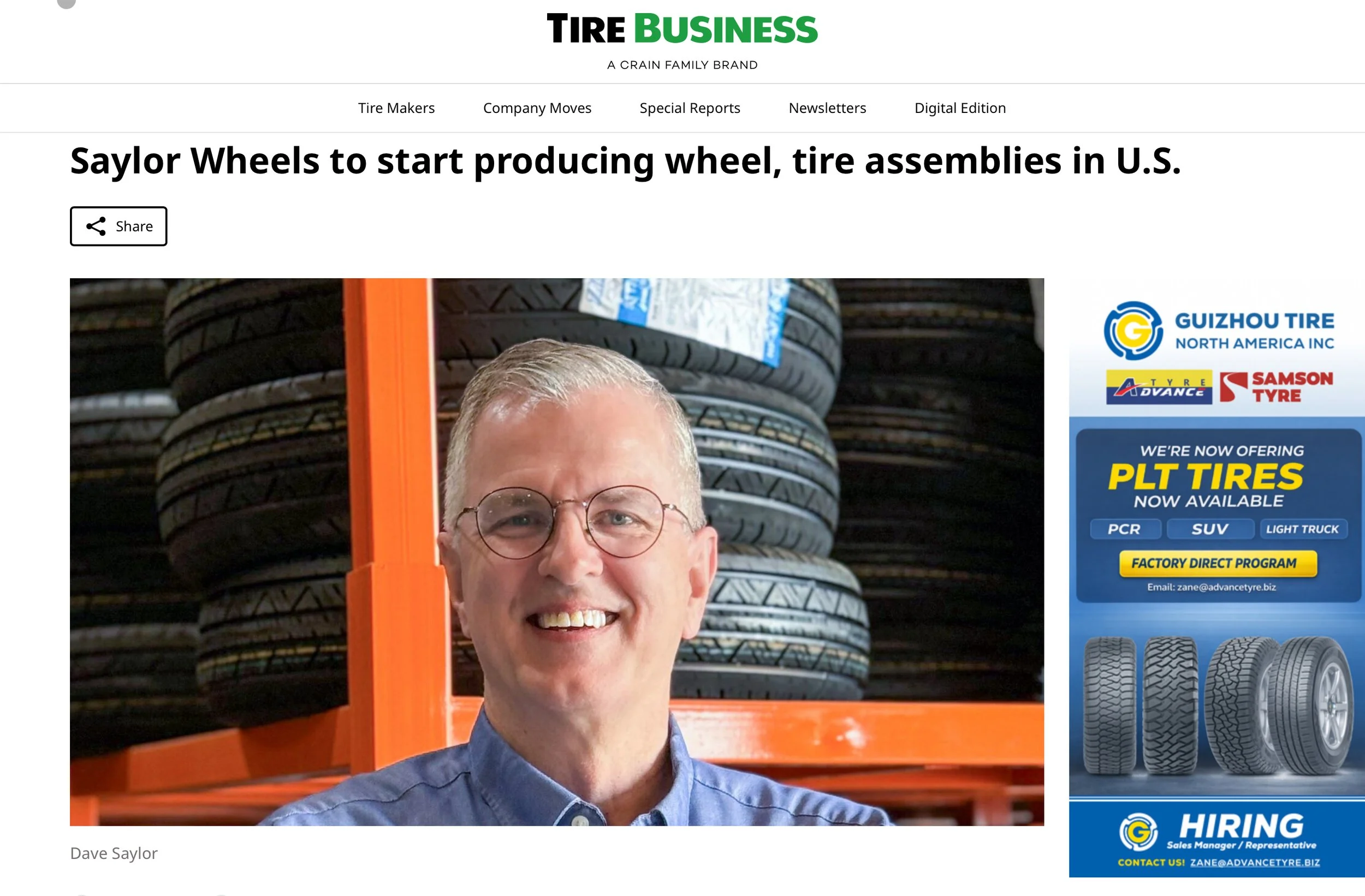 Screenshot of tire business webpage with article about saylor wheel with a photo of Dave saylor at the top