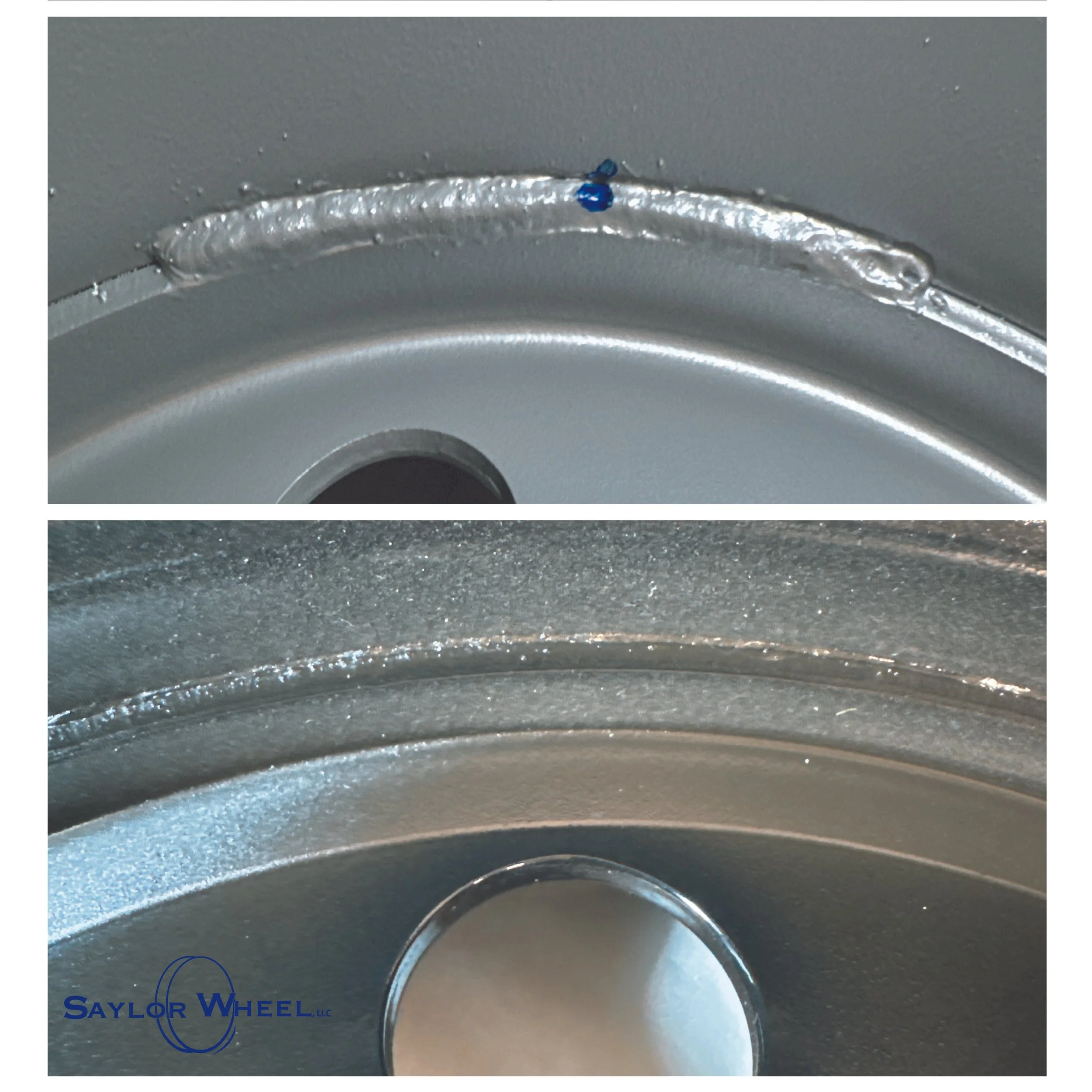 Comparison between a competitor and Saylor Wheel LLC weld on steel trailer wheel