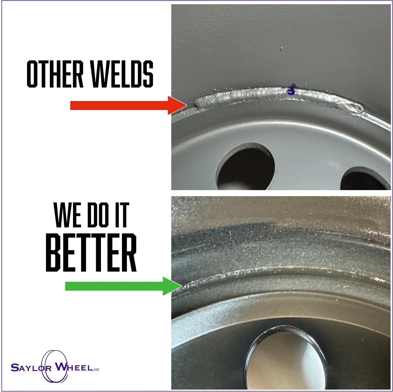 Image of two welds on steel trailer wheels one with a lumpy splattered weld and another with a clean imperceptible weld