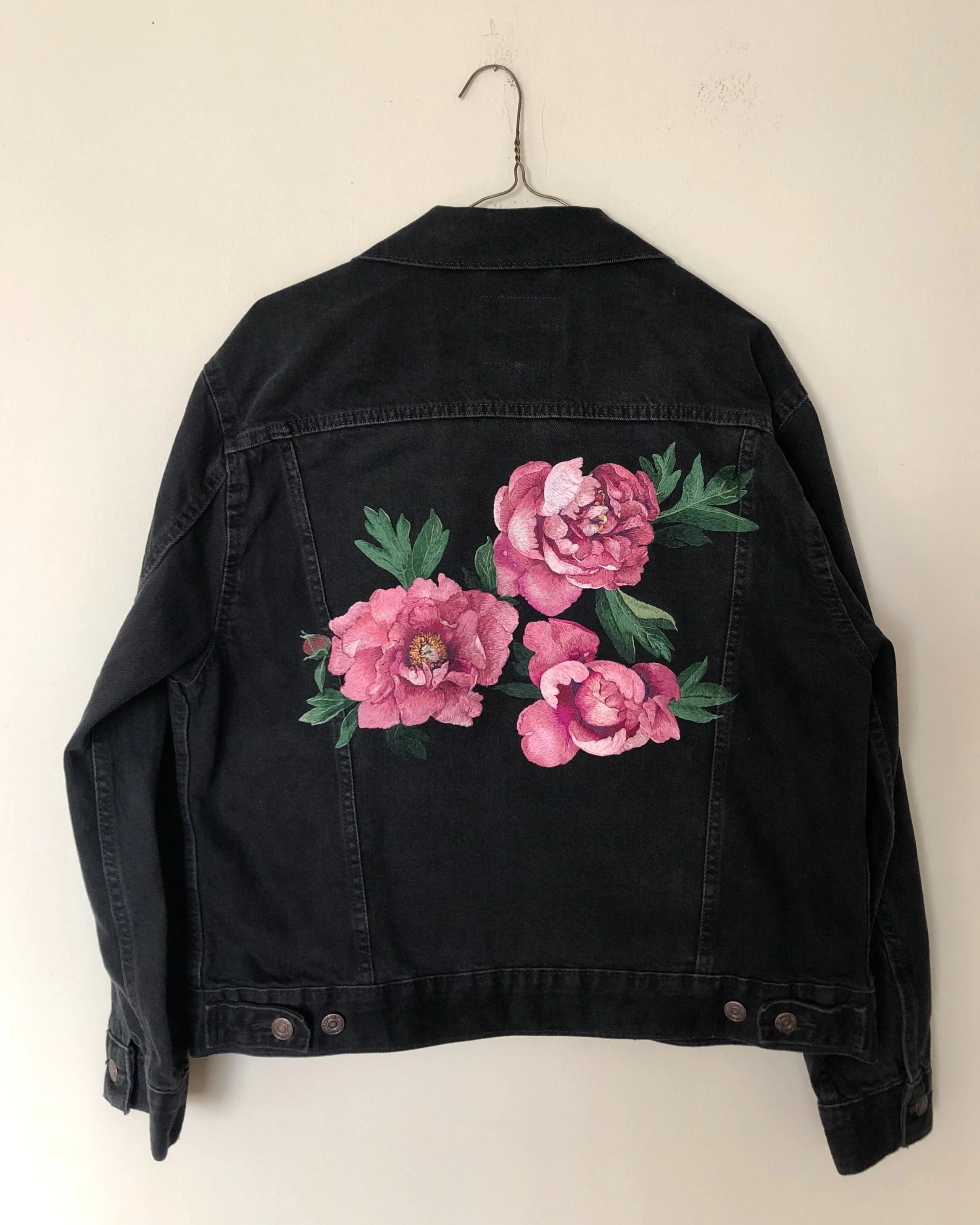 Custom-Peonies on black denim