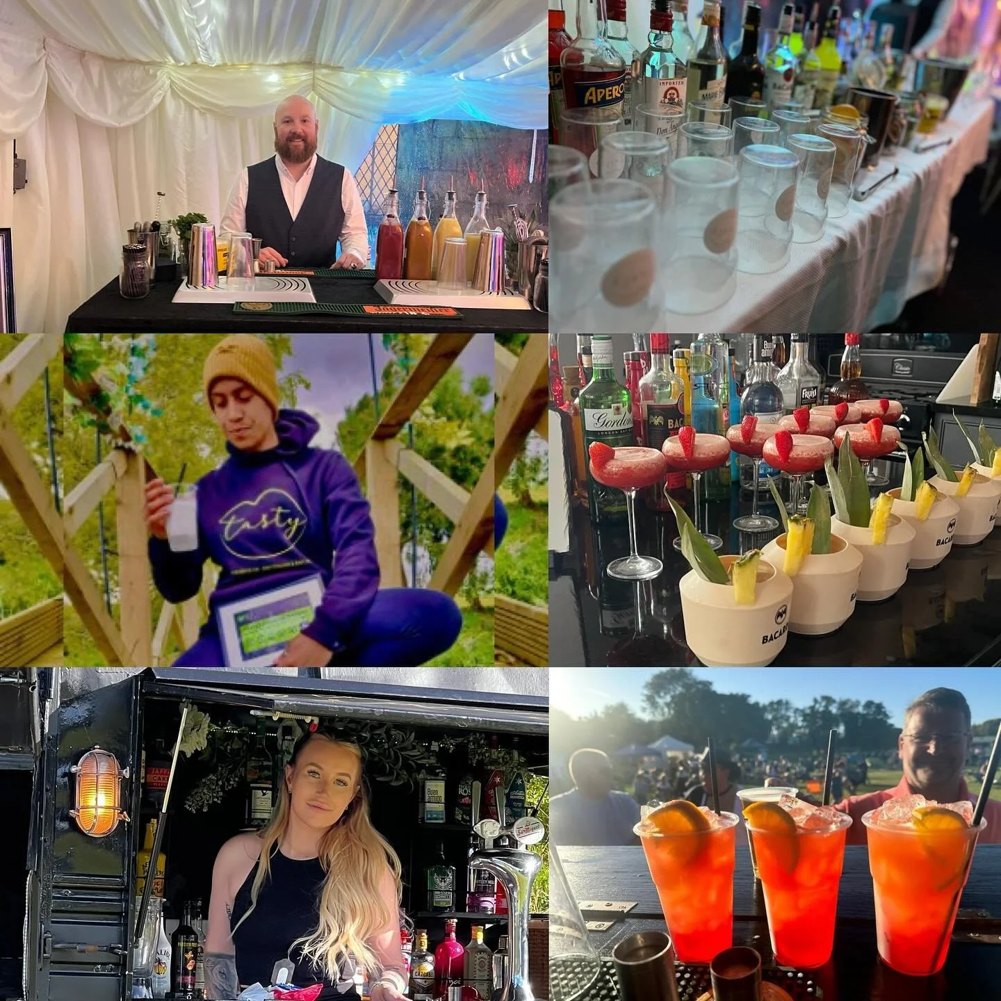 Collage of six photos showing a bartender at a mobile bar cocktail stand, cocktails on a table, a business  person with a yellow beanie at an outdoor event, decorated cocktails with fruit, a woman behind a bar, and drinks with citrus slices outdoors.