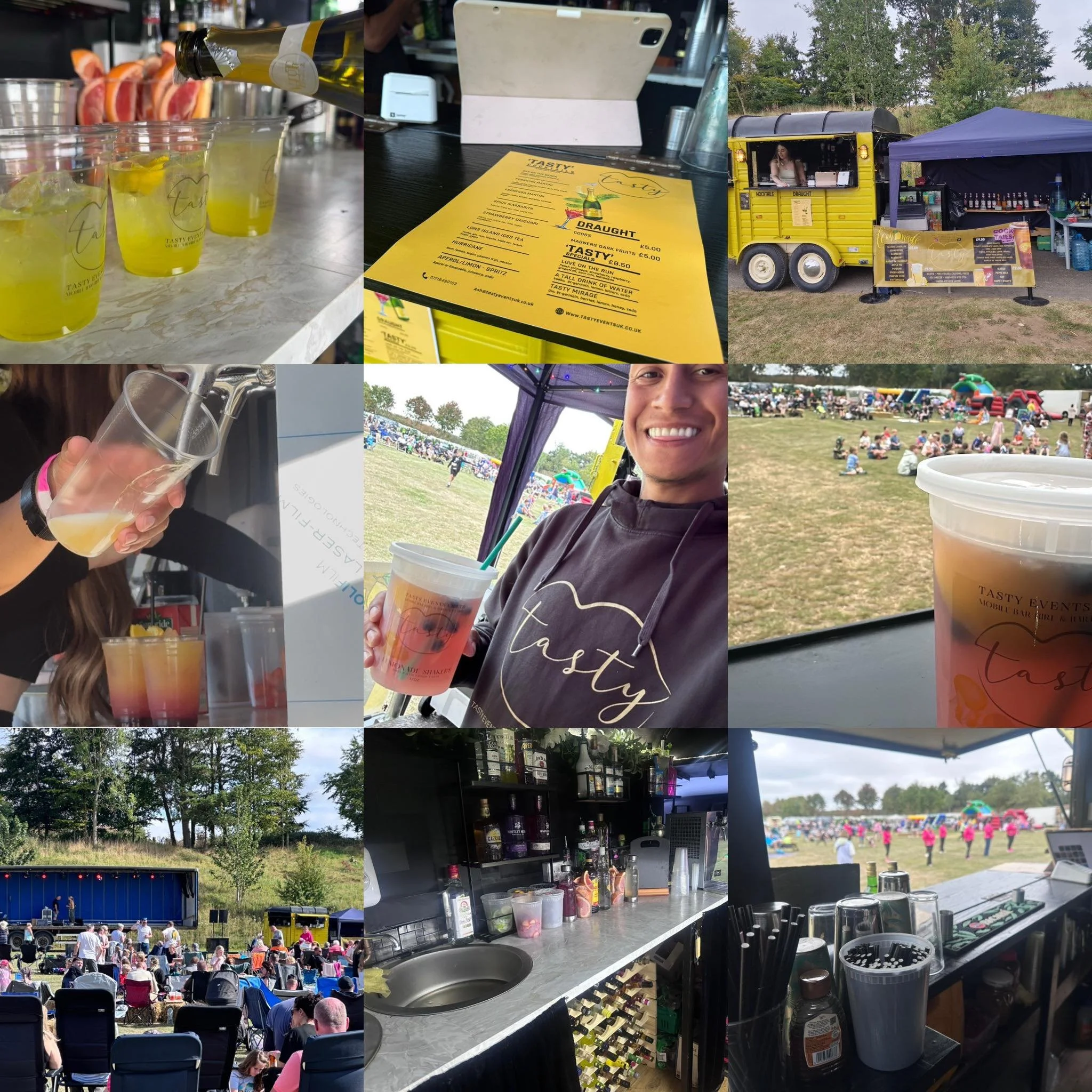 A collage of a daytime outdoor festival scene with a stage, a food truck, a crowd of people, and various food and drink stands. The images include a person pouring a yellow drink, a menu board, patrons enjoying beverages, a food truck with a purple canopy, and people sitting on chairs in a field.