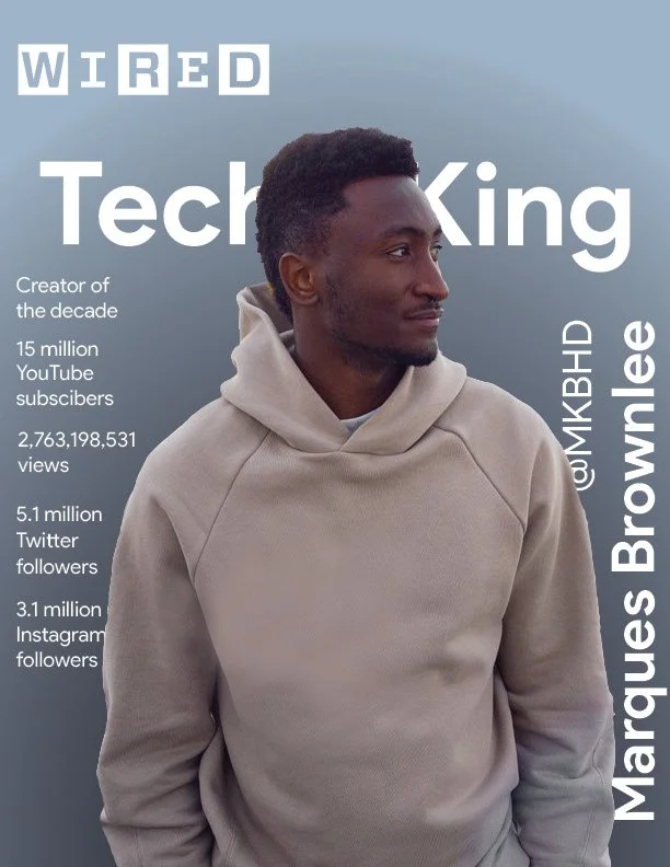 A young Black man in a beige hoodie looking to the right, with text overlay about Marques Brownlee, a tech reviewer, including social media followers and views.