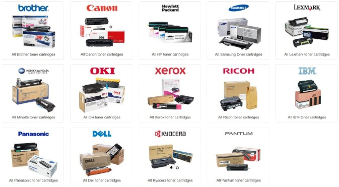 A wide selection of brand-name toner cartridges available, featuring Brother, Canon, Hewlett-Packard, Samsung, Lexmark, Konica Minolta, OKI, Xerox, Ricoh, IBM, Panasonic, Dell, Kyocera, and Pantum.