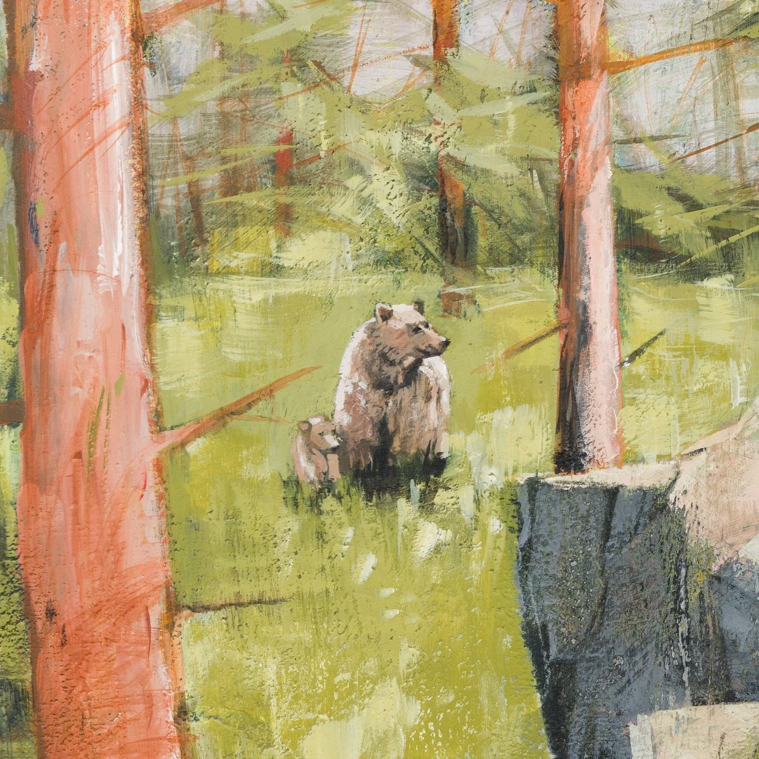 Detail of Mother and Cub by Martin Pryce — the mother bear and her cub in the meadow grass between the pines, painted in latex-acrylic