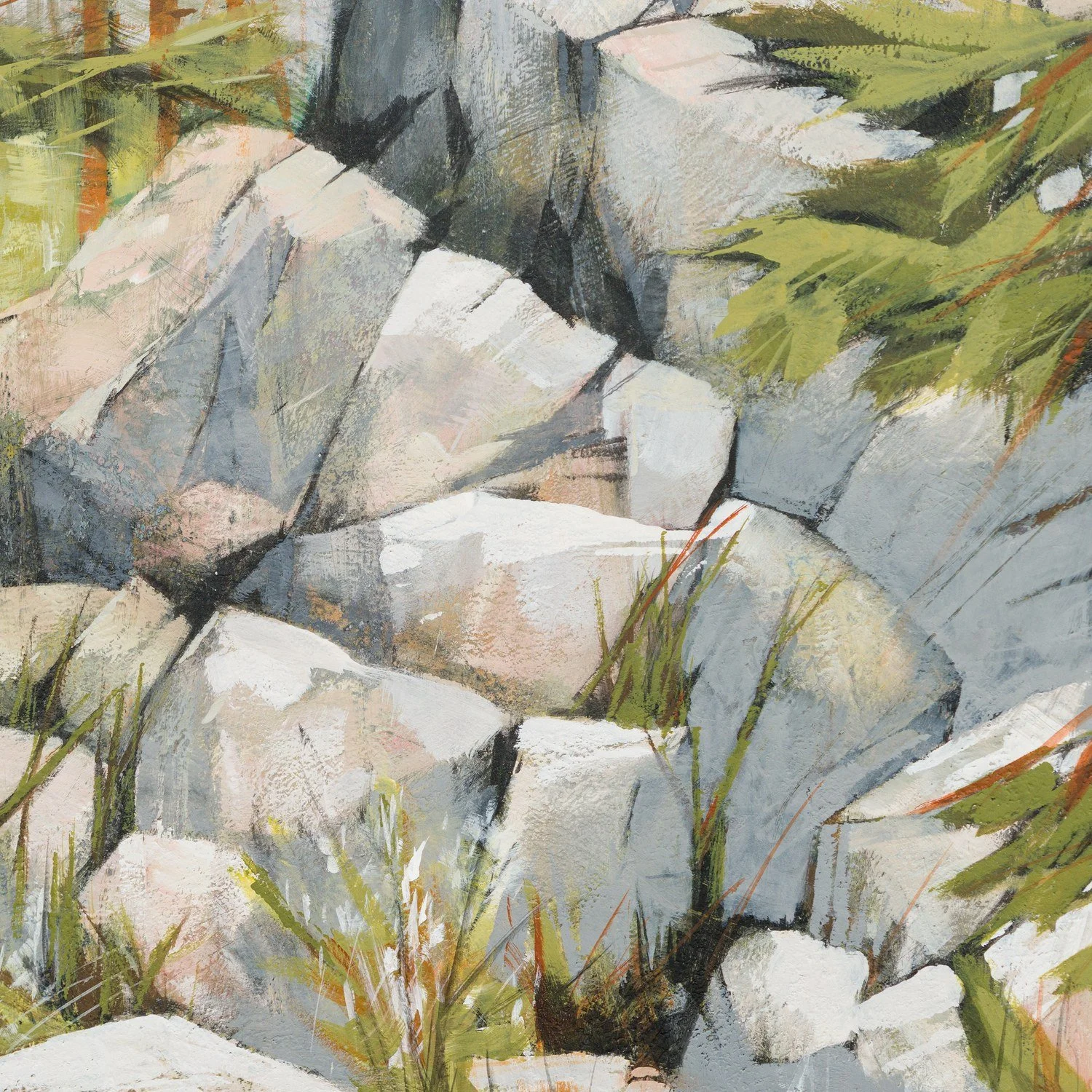 Detail of Mother and Cub by Martin Pryce — brushwork on the spill of boulders below the pines, latex-acrylic