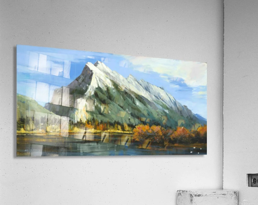 Mount Rundle Peak by Martin Pryce, unsigned acrylic print, angled to show its glossy face-mounted surface