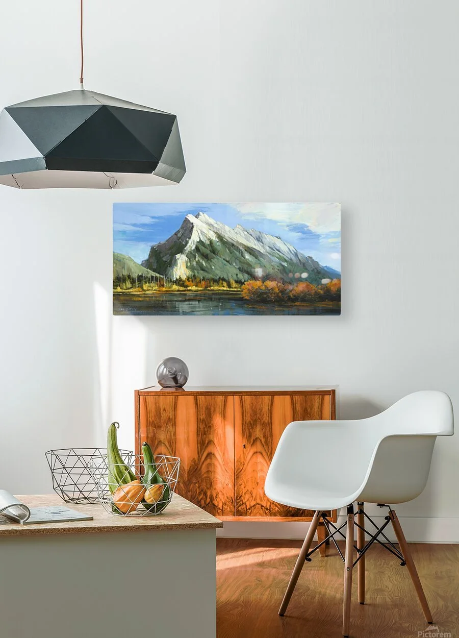 Mount Rundle Peak by Martin Pryce, unsigned print above a wooden sideboard in a dining nook