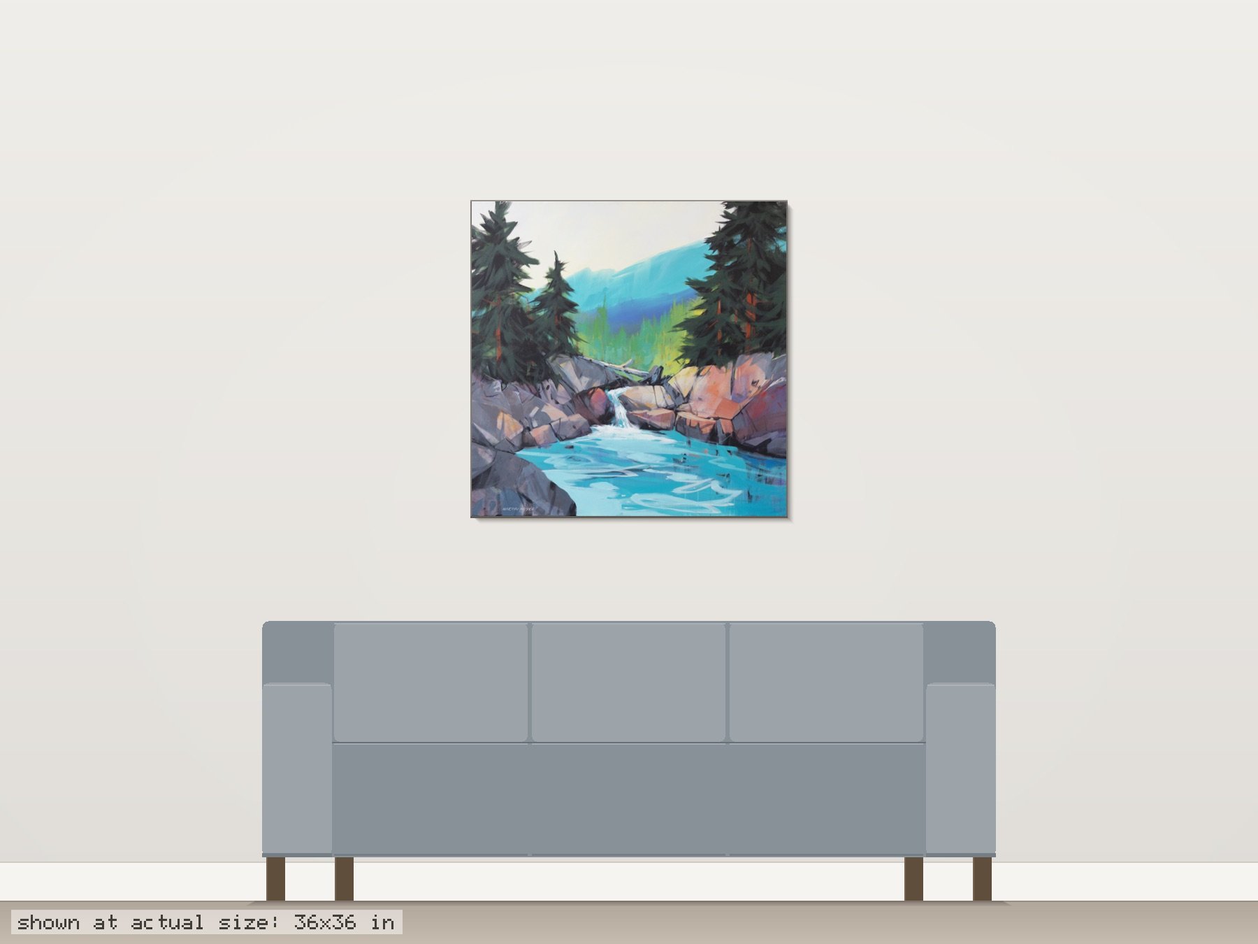 Cool Glacier Water by Martin Pryce shown at actual size (36 x 36 in) on a wall above an 84-inch sofa — room-scale view of the original painting.