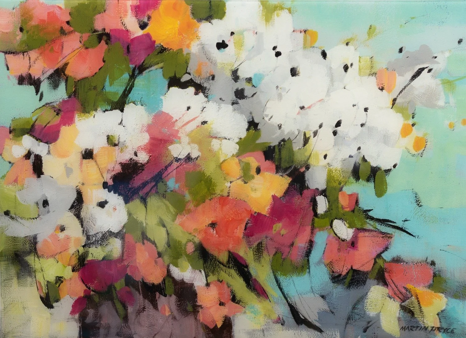 Untitled Floral IV — bold modern floral latex-acrylic painting by Martin Pryce, white, pink and orange bouquet with green leaves on light blue