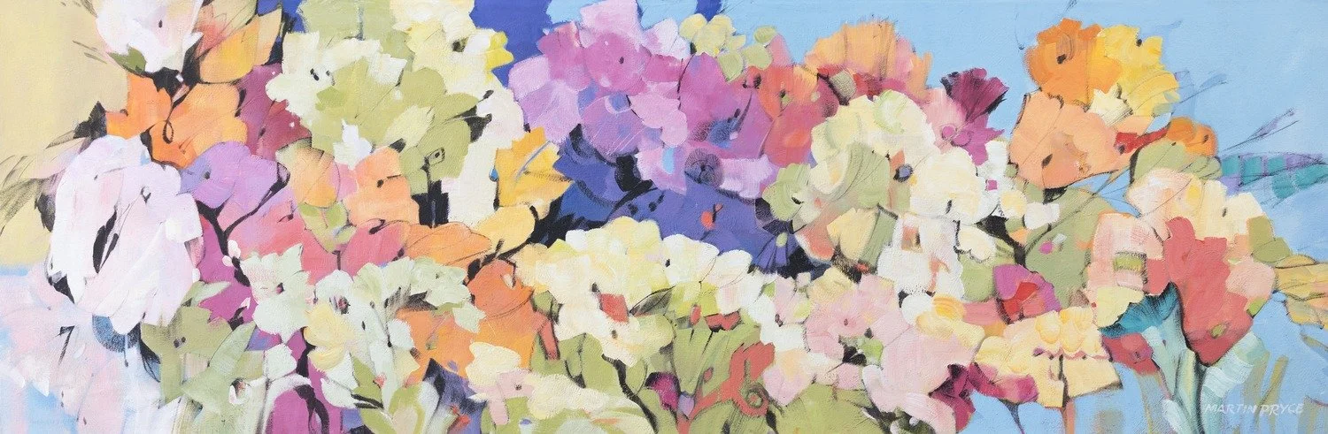 Untitled Floral II — bold modern floral latex-acrylic painting by Martin Pryce, pastel bouquet of pink, yellow and purple blossoms on a blue ground