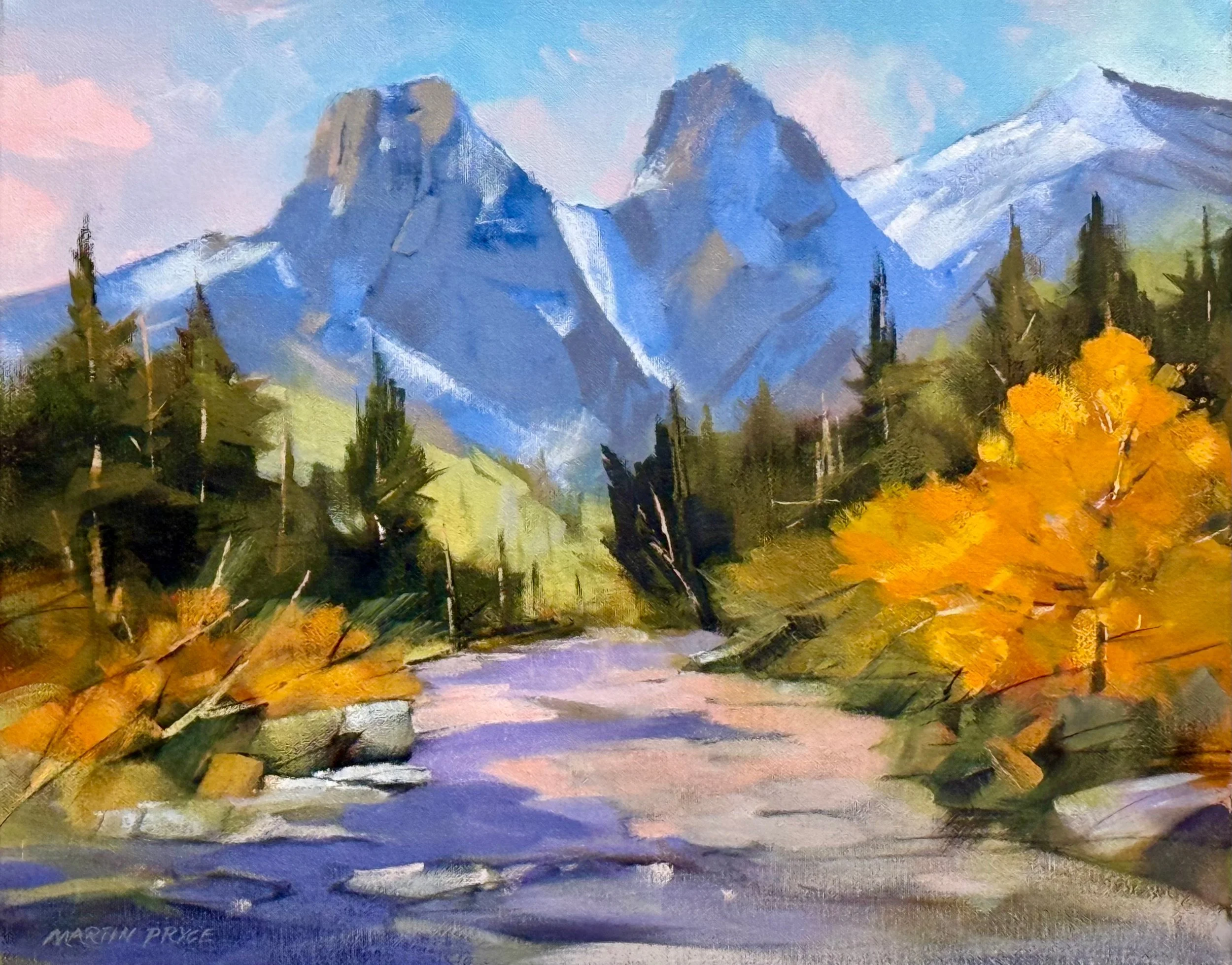Three Sisters Mountains by Martin Pryce — original painting of the three peaks above Canmore, Alberta, in faceted blues and violets