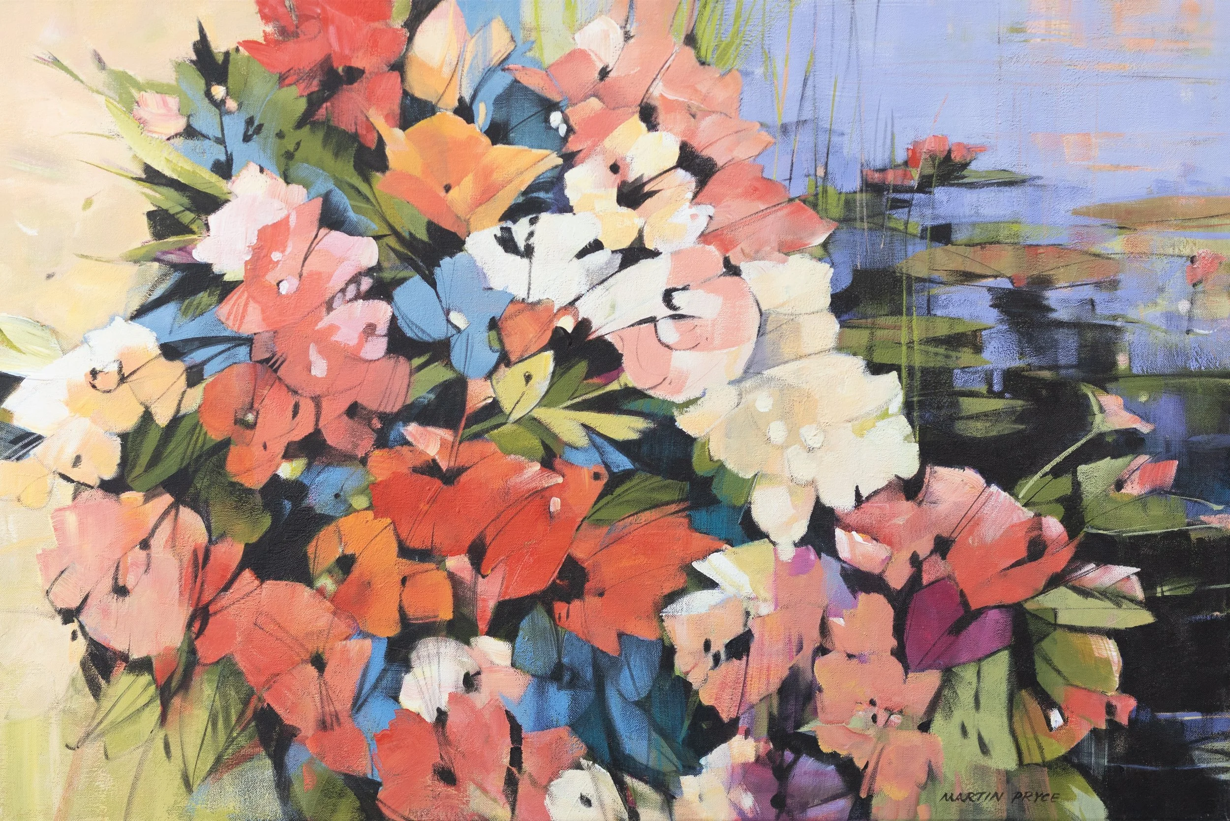 Lily Pond Flowers by Martin Pryce — original latex-acrylic painting of waterside blooms in coral, pink and white