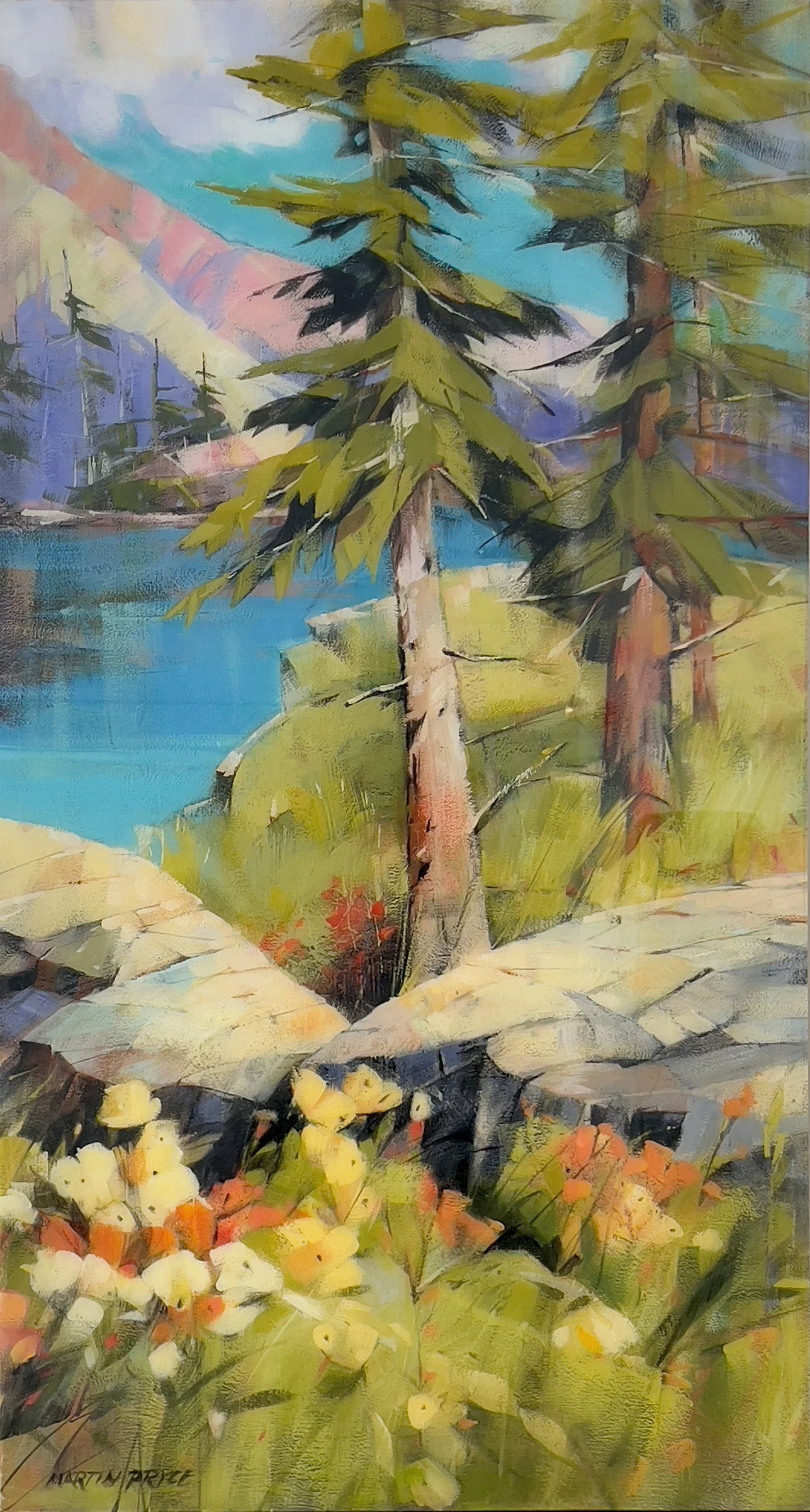 Canmore Summer — original 25 x 43 in resin-on-wood-panel landscape painting of a Canmore glacial lake by Martin Pryce, framed
