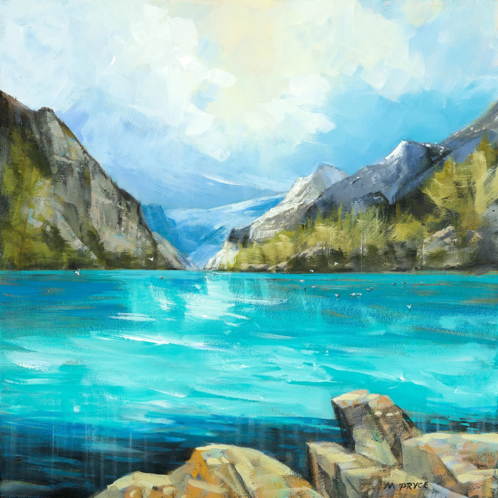 Lake Louise Flock by Martin Pryce — an original 20 x 20 inch latex-acrylic landscape painting of Lake Louise, Alberta, 2026.