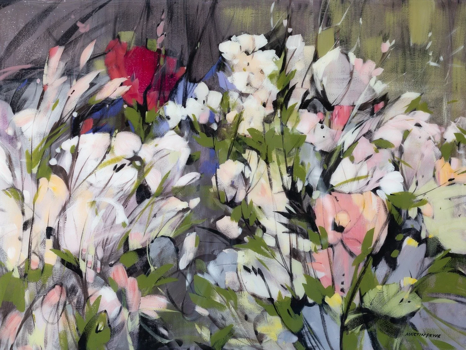 Untitled Floral I — bold modern floral latex-acrylic painting by Martin Pryce, white, pink and red flowers with green leaves in a loose expressive style