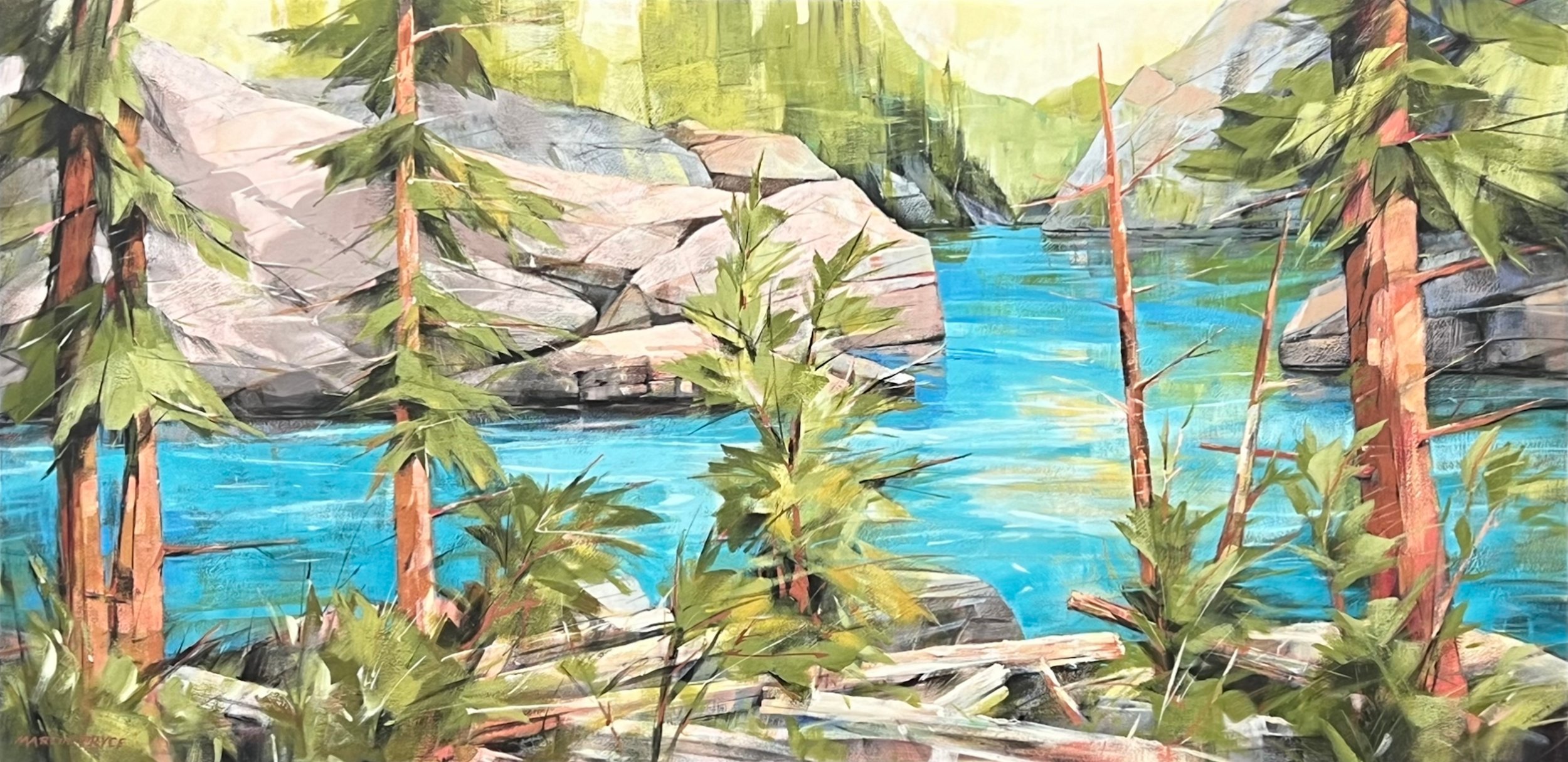 Rocky Mountain Pool by Martin Pryce — original painting on board of a river pool winding through forest and rocks, ultra-gloss epoxy finish
