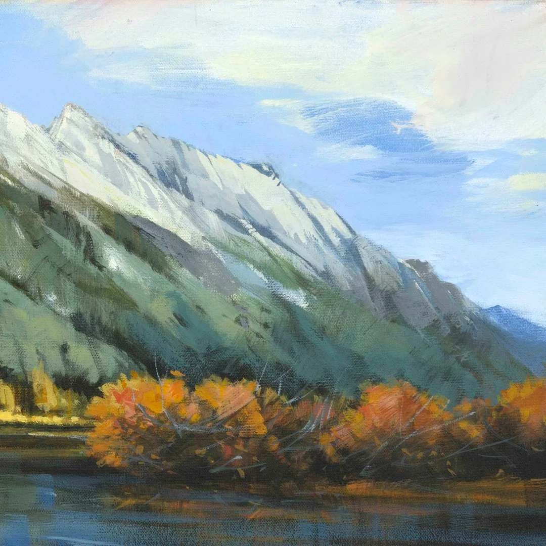 Detail of Mount Rundle Peak by Martin Pryce — autumn colour along the water below Mount Rundle, painted in latex-acrylic