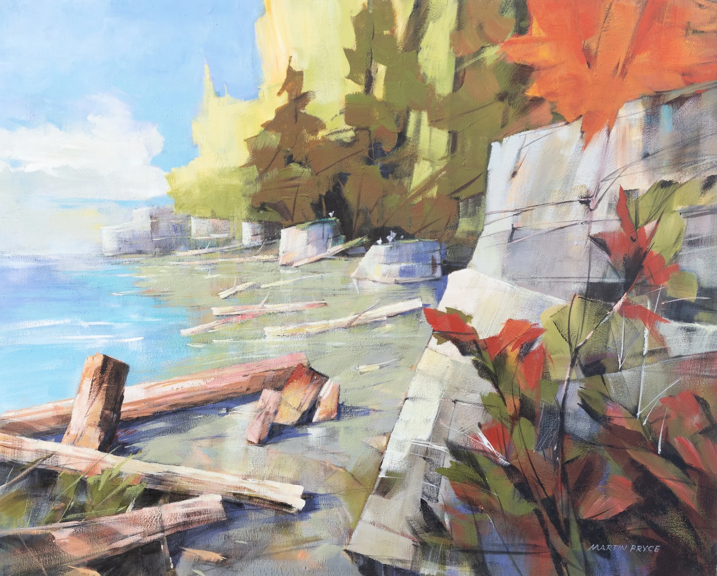 Vancouver Island Beach by Martin Pryce — original painting on board of driftwood logs on a Vancouver Island shore